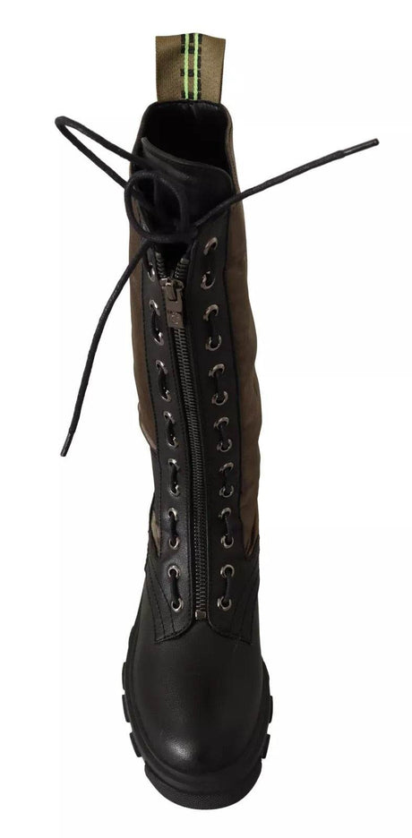 Gaelle Black Green High Combat Boots Lace Up Military Shoes - Hilstor