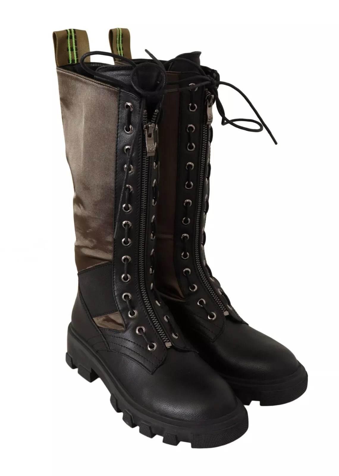 Gaelle Black Green High Combat Boots Lace Up Military Shoes - Hilstor