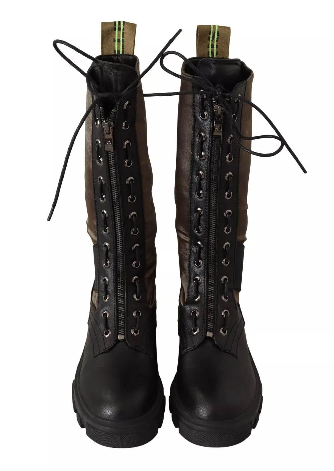 Gaelle Black Green High Combat Boots Lace Up Military Shoes - Hilstor