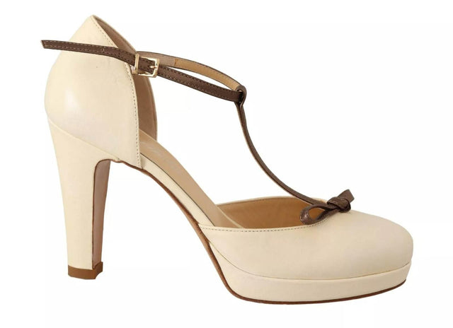 SERGIO LEVANTESI Off White Leather T-Strap Heels Sandals Shoes - Hilstor