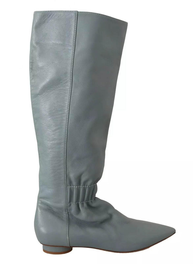Valentino Blue Leather Elastic Flats Pull On Knee High Boots Shoes - Hilstor