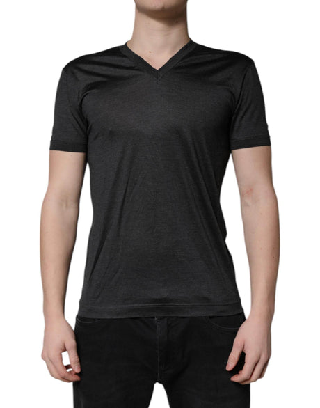 Dolce & Gabbana Dark Gray Silk V-neck Short Sleeves T-shirt - Hilstor