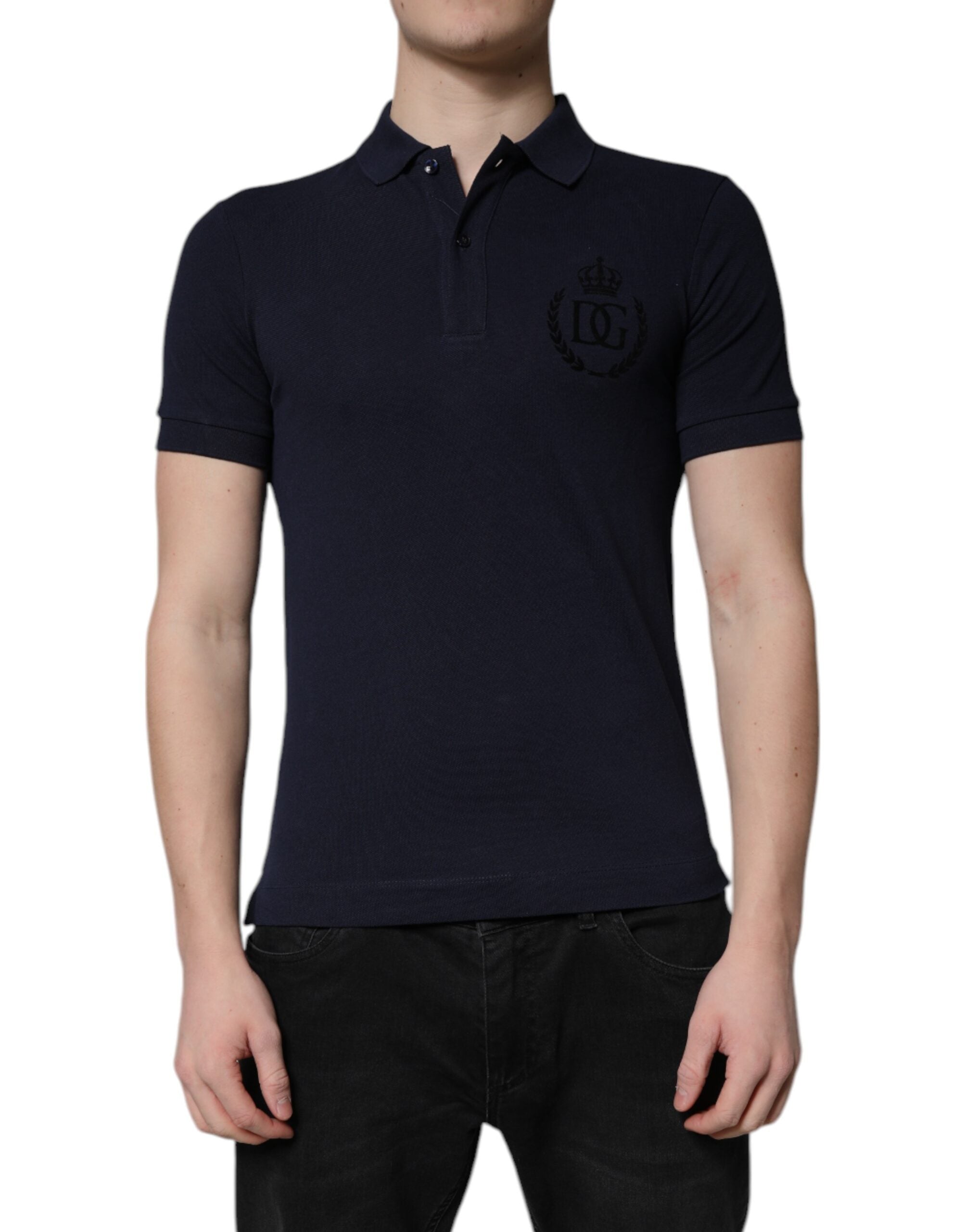 Dolce &amp; Gabbana Mørkeblå T-shirt med kronekrave i bomuld