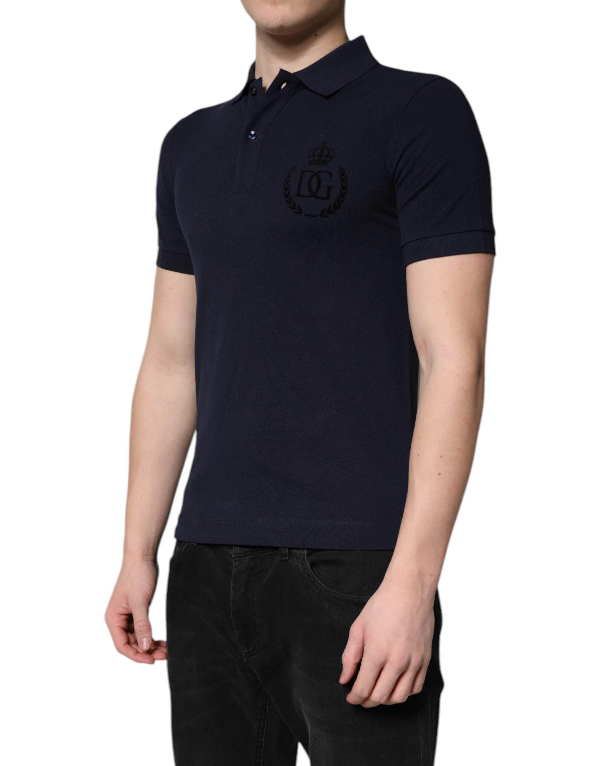 Dolce & Gabbana Dark Blue Cotton Crown Collared Polo T-shirt - Hilstor
