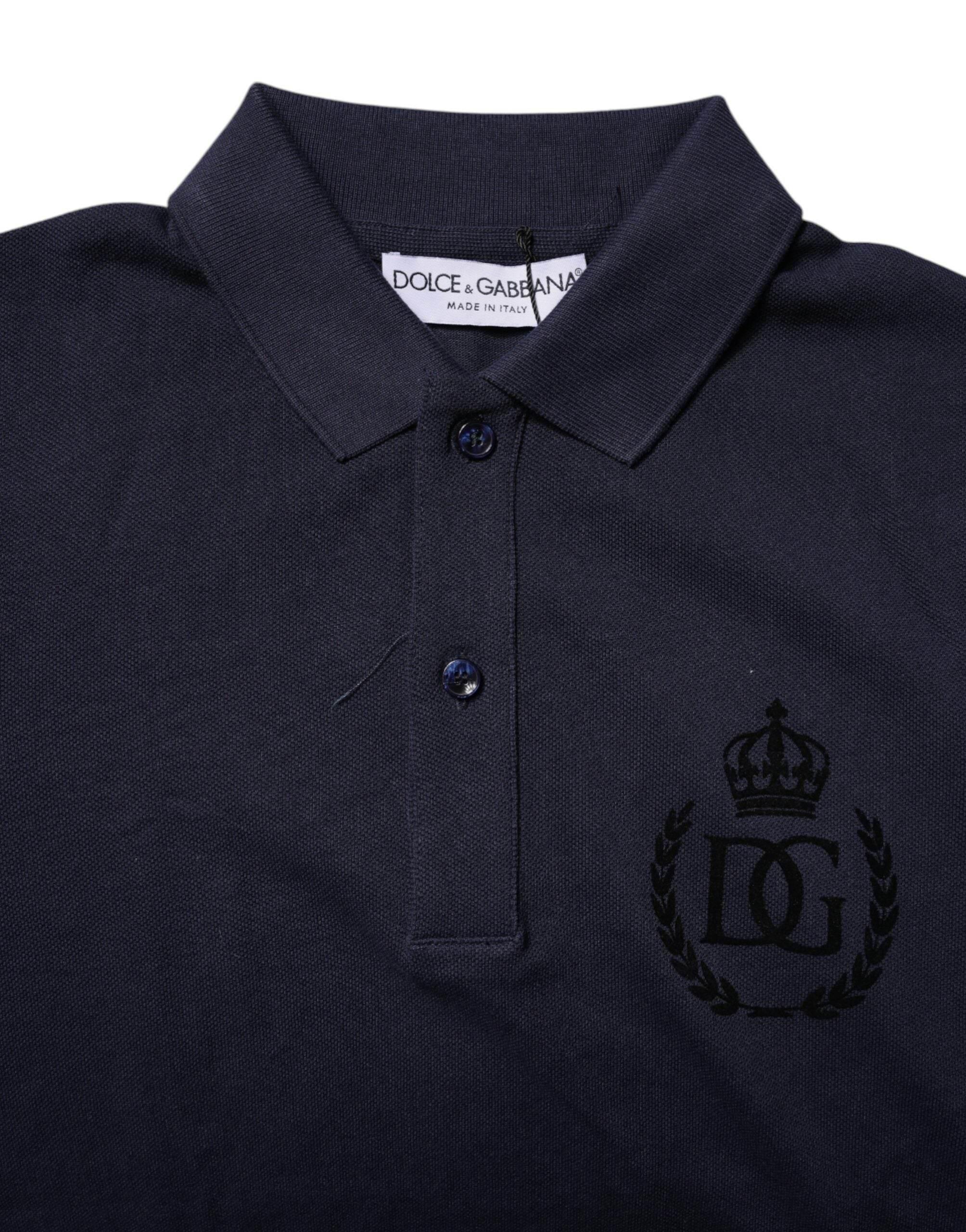 Dolce & Gabbana Dark Blue Cotton Crown Collared Polo T-shirt - Hilstor