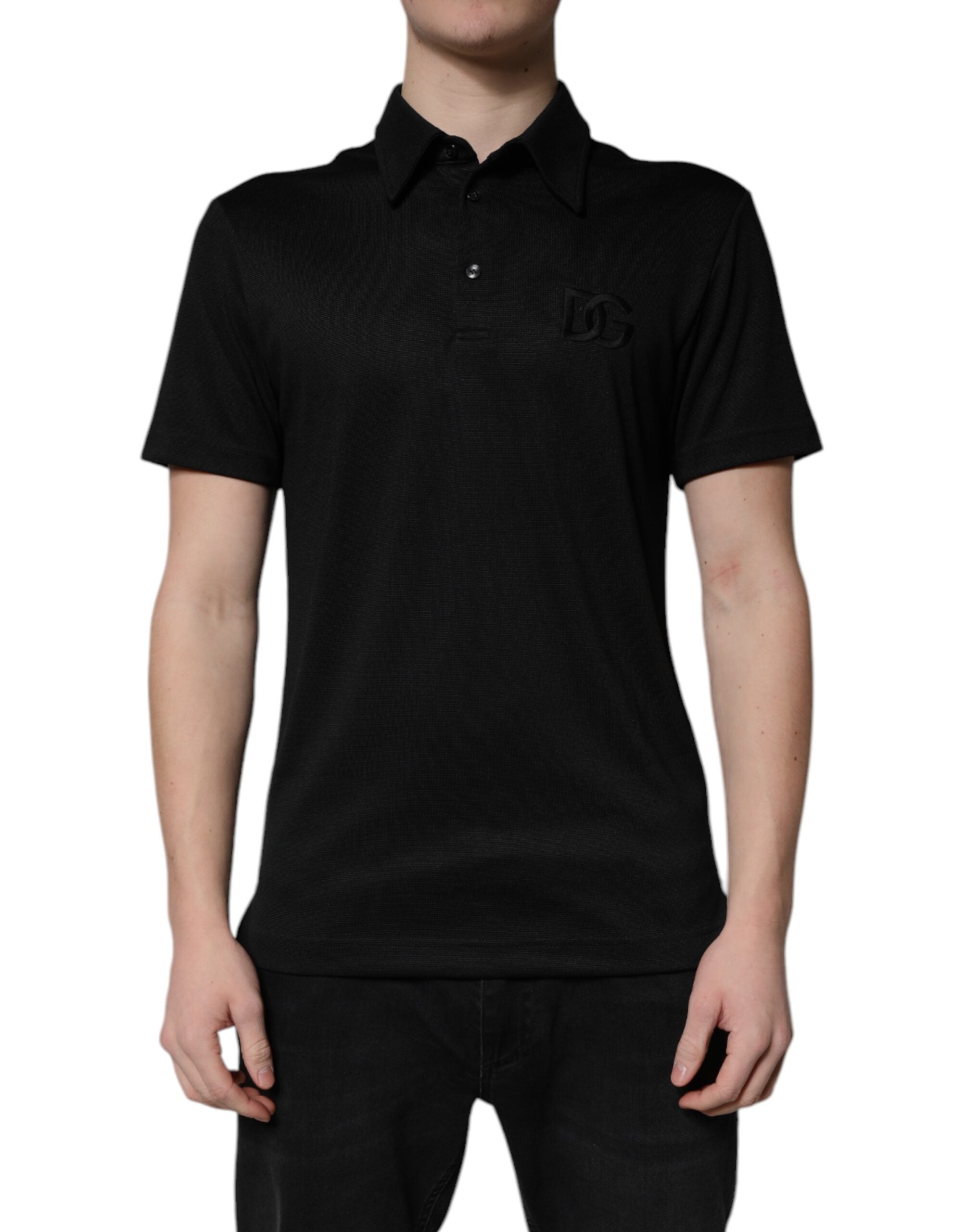 Dolce &amp; Gabbana Polo T-shirt i sort polyester DG Logo Collared
