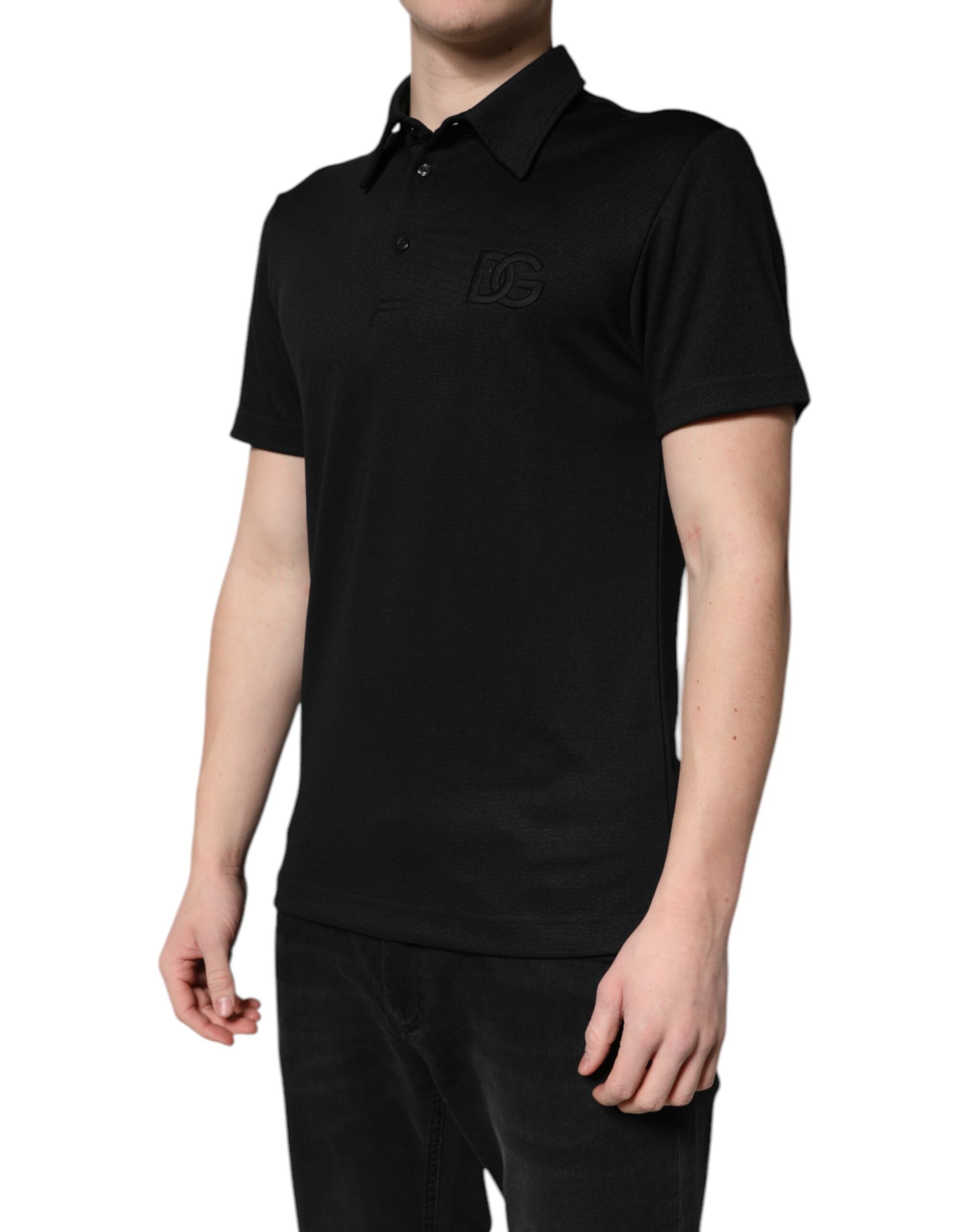 Dolce &amp; Gabbana Polo T-shirt i sort polyester DG Logo Collared