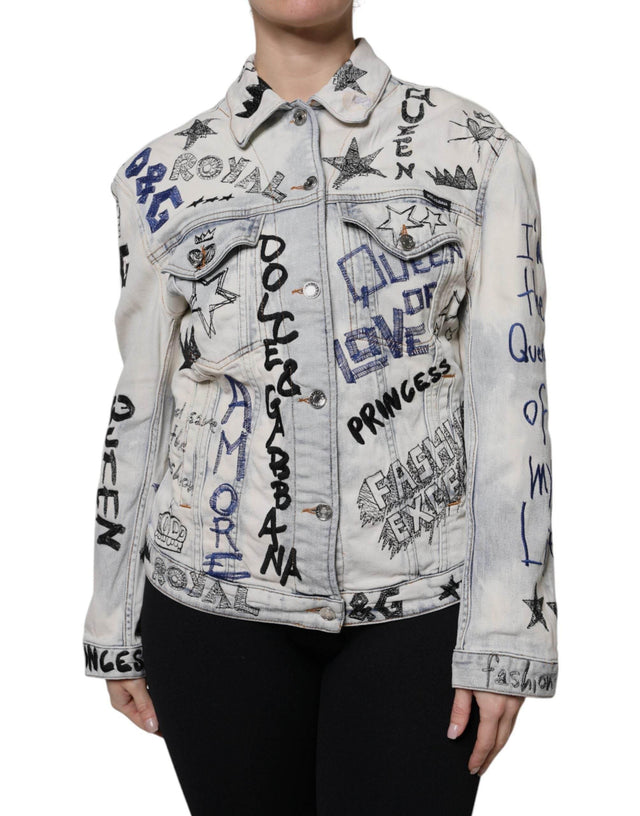 Dolce & Gabbana Light Blue Graffiti Button Down Denim Jacket - Hilstor