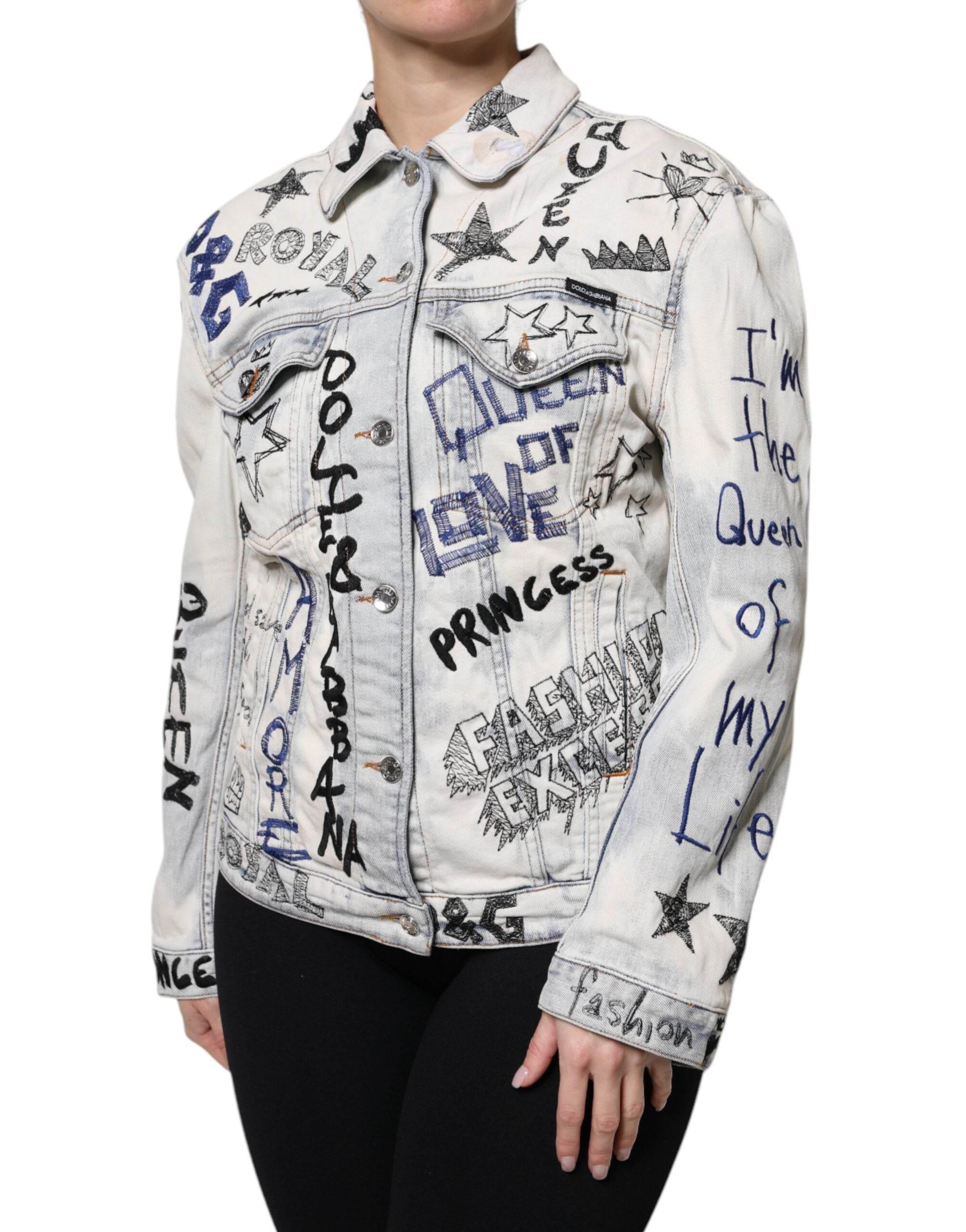 Dolce & Gabbana Light Blue Graffiti Button Down Denim Jacket - Hilstor