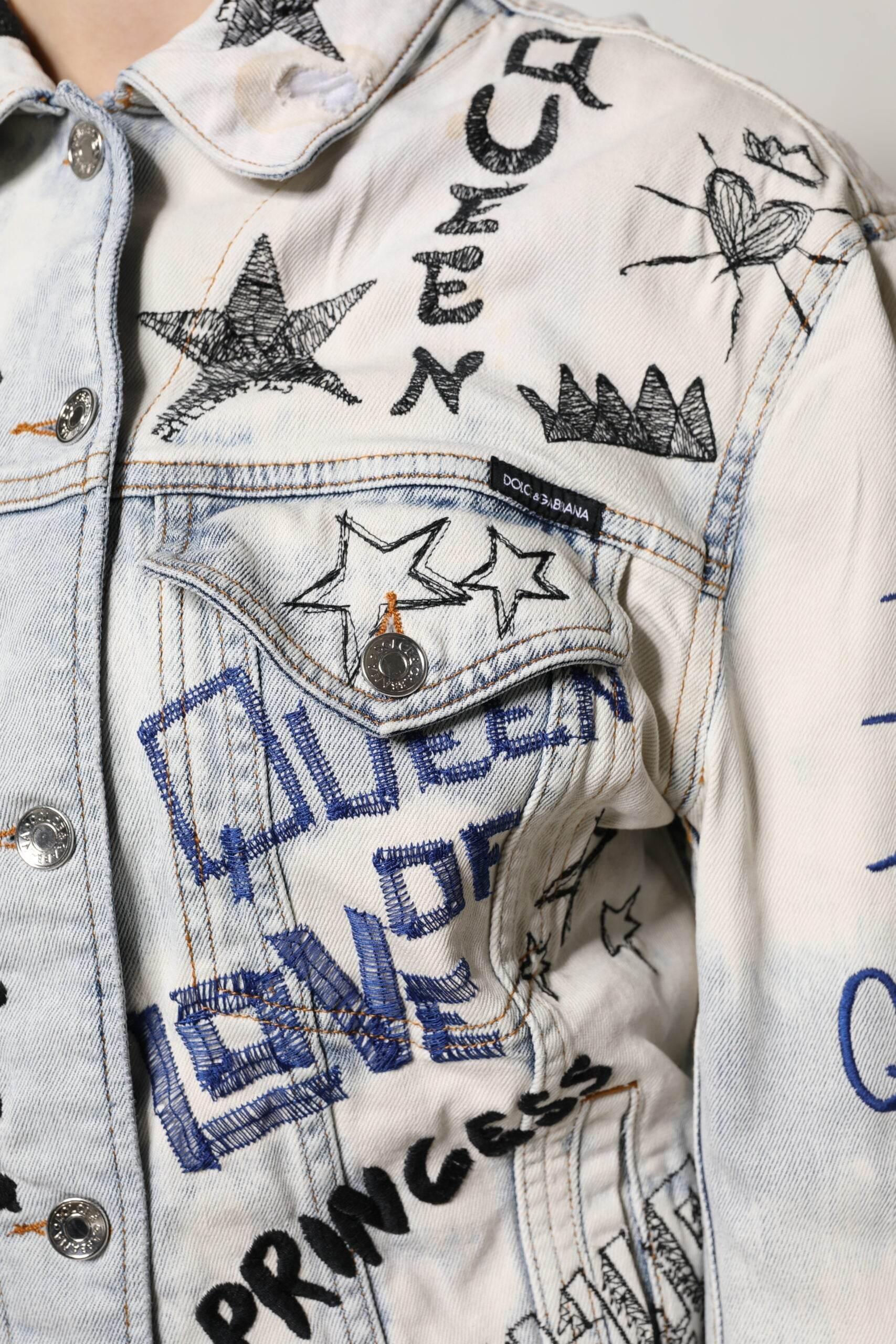 Dolce & Gabbana Light Blue Graffiti Button Down Denim Jacket - Hilstor