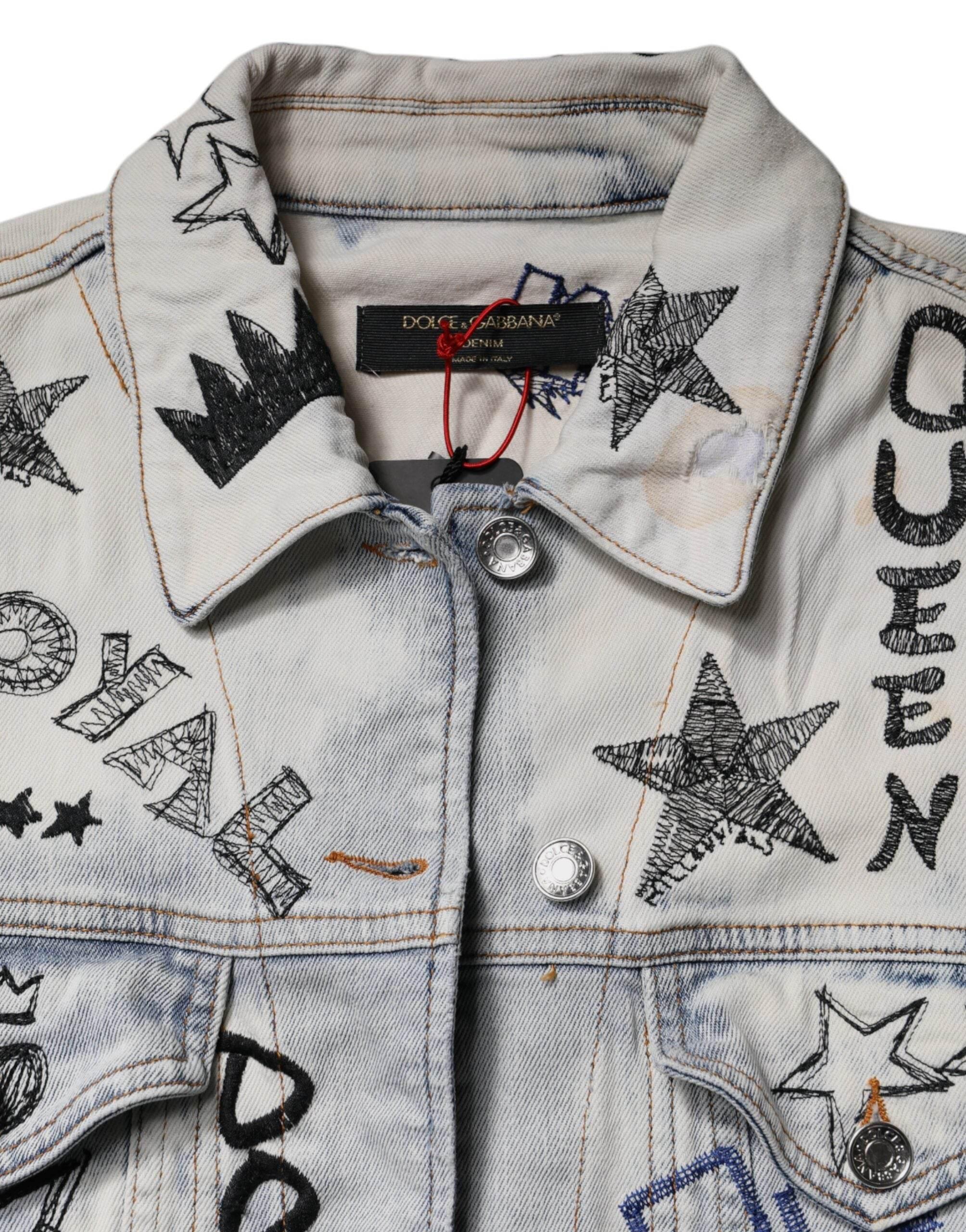 Dolce & Gabbana Light Blue Graffiti Button Down Denim Jacket - Hilstor