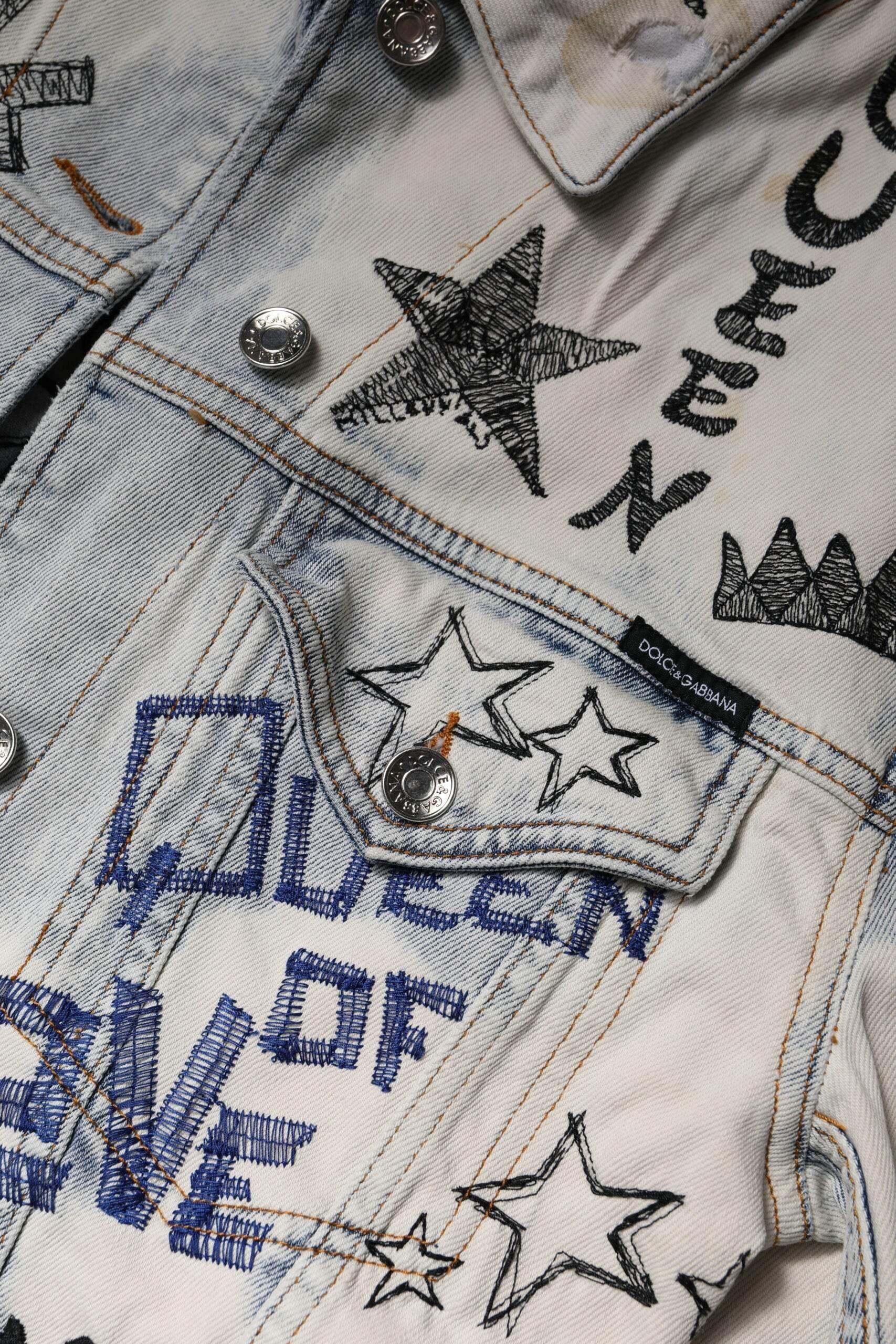 Dolce & Gabbana Light Blue Graffiti Button Down Denim Jacket - Hilstor