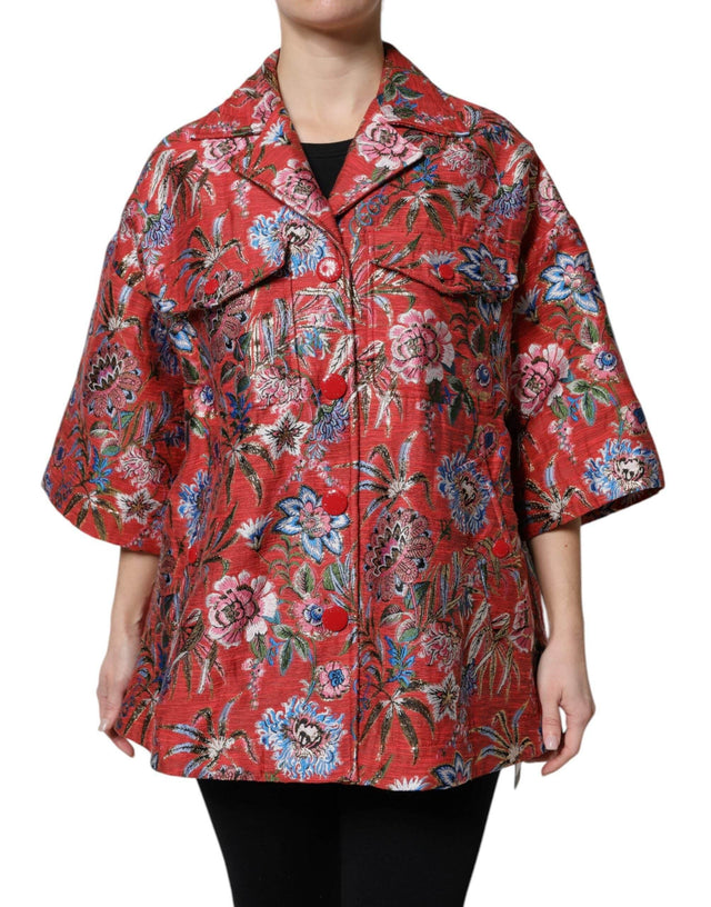 Dolce & Gabbana Red Floral Jacquard Button Down Coat Jacket - Hilstor