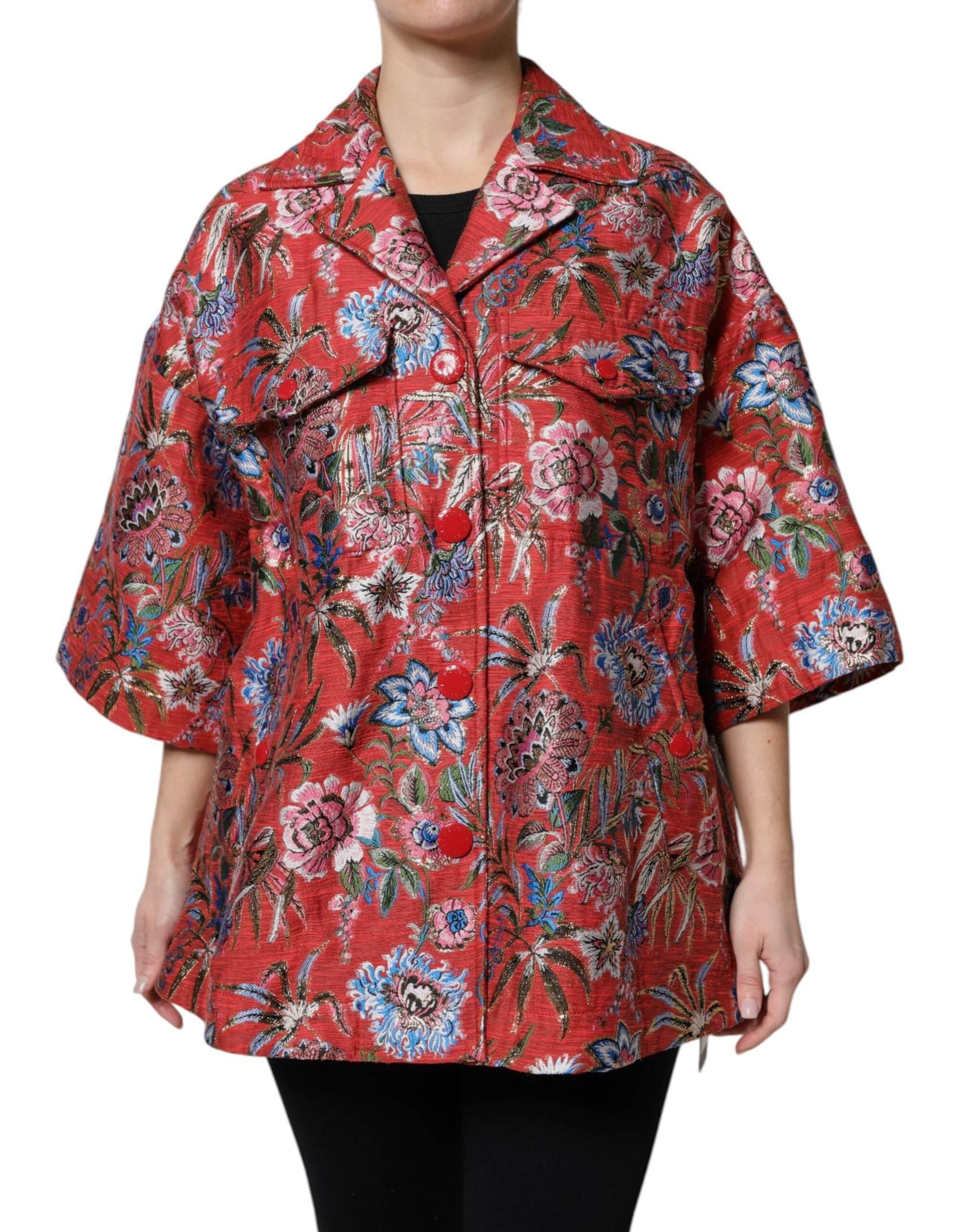 Dolce & Gabbana Red Floral Jacquard Button Down Coat Jacket - Hilstor