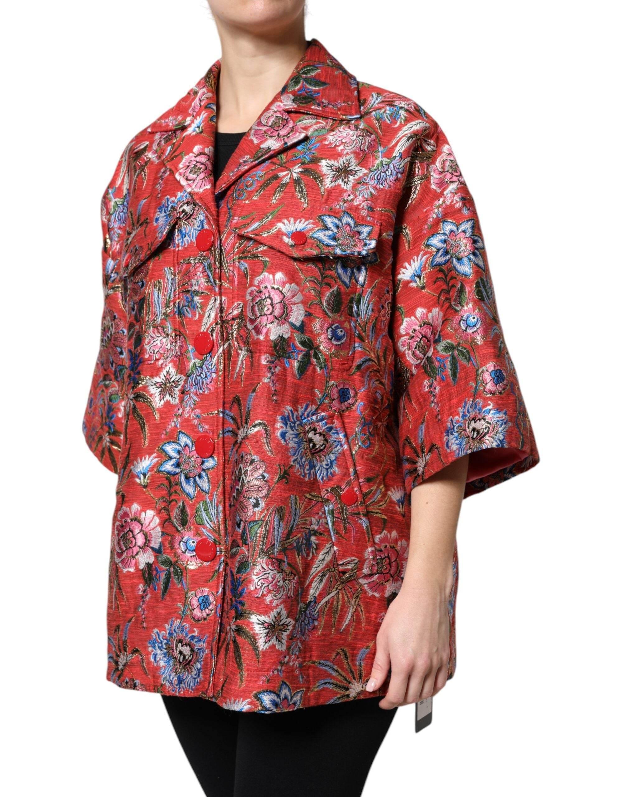 Dolce & Gabbana Red Floral Jacquard Button Down Coat Jacket - Hilstor