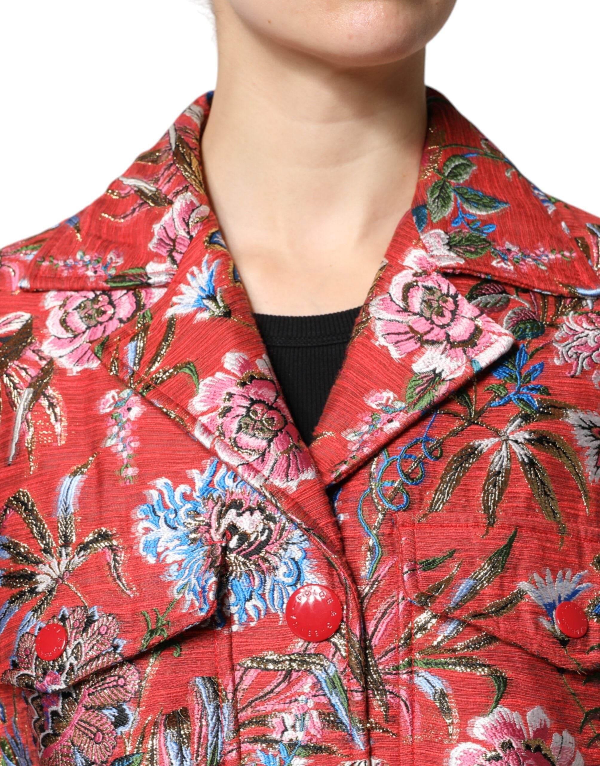 Dolce & Gabbana Red Floral Jacquard Button Down Coat Jacket - Hilstor