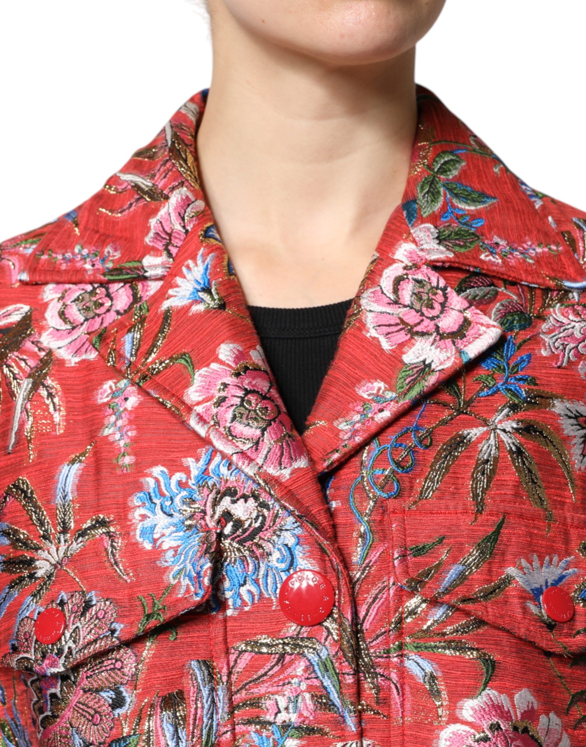 Dolce &amp; Gabbana rødblomstret jacquardjakke med knap dun
