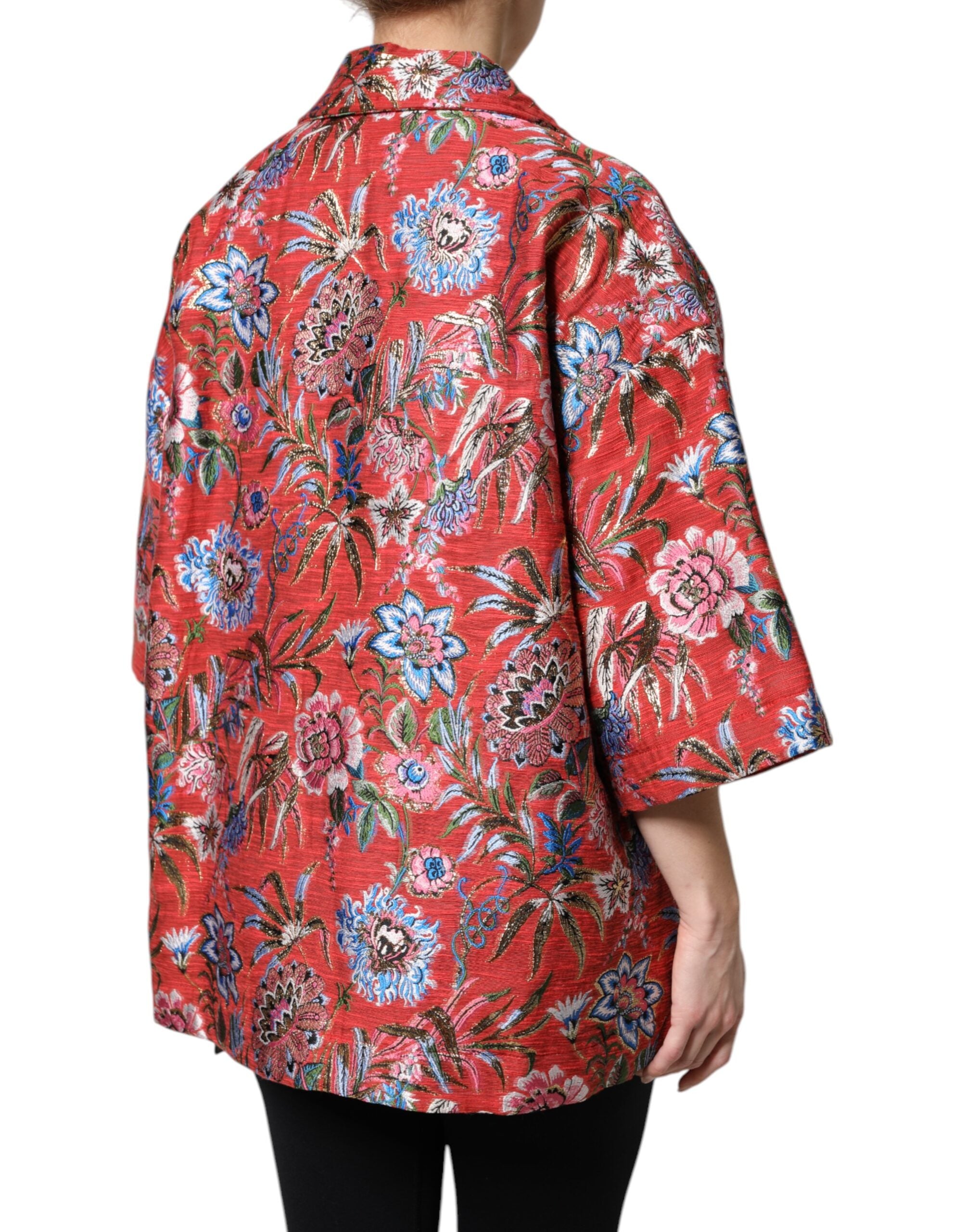 Dolce &amp; Gabbana rødblomstret jacquardjakke med knap dun