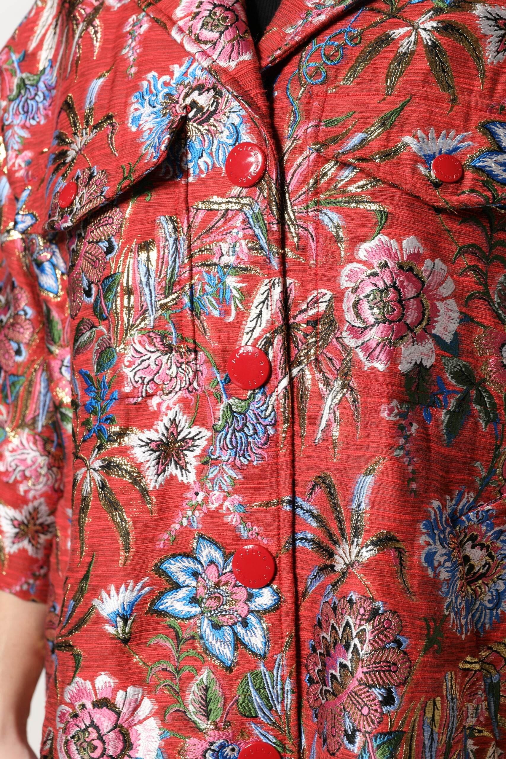Dolce & Gabbana Red Floral Jacquard Button Down Coat Jacket - Hilstor