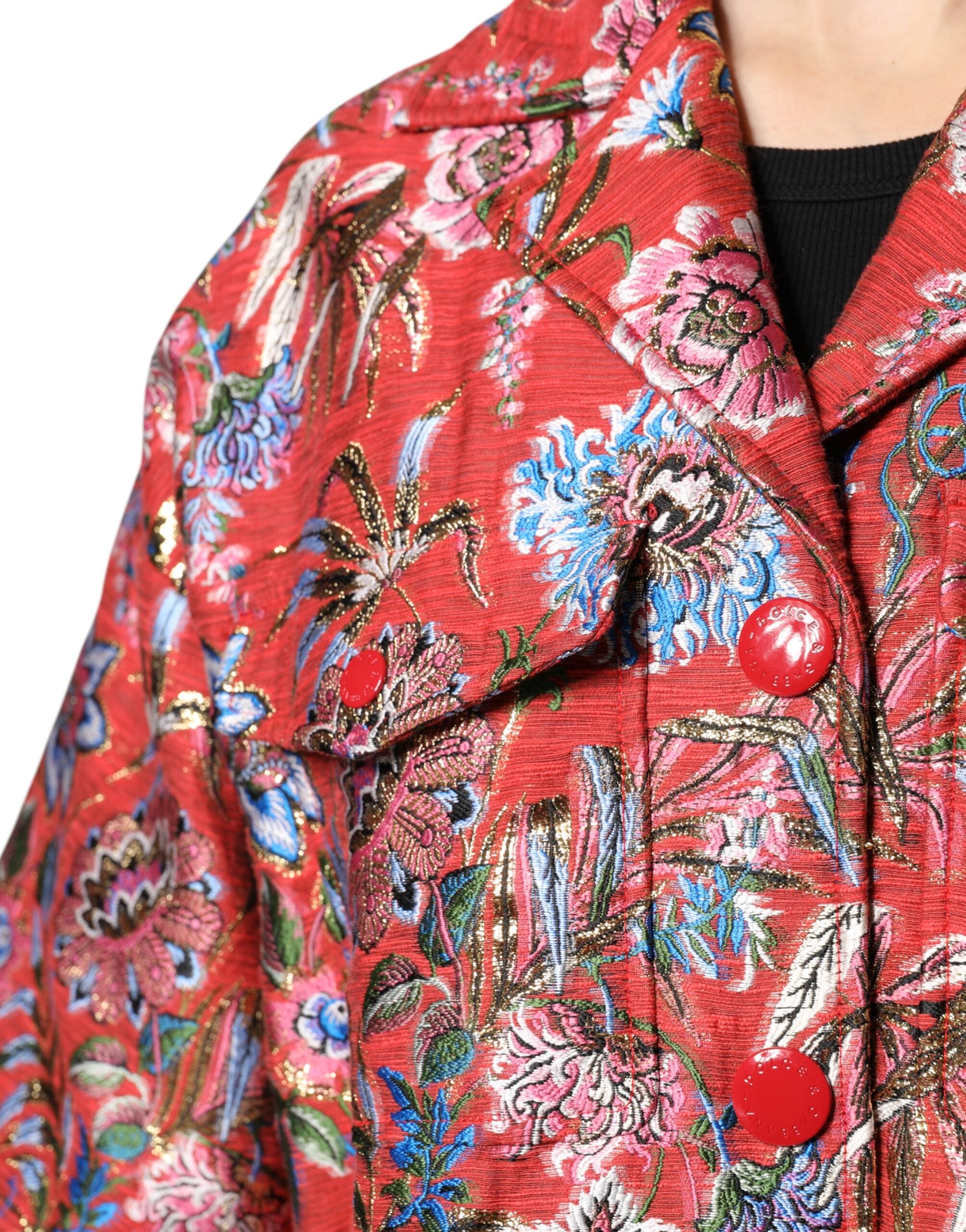 Dolce &amp; Gabbana rødblomstret jacquardjakke med knap dun