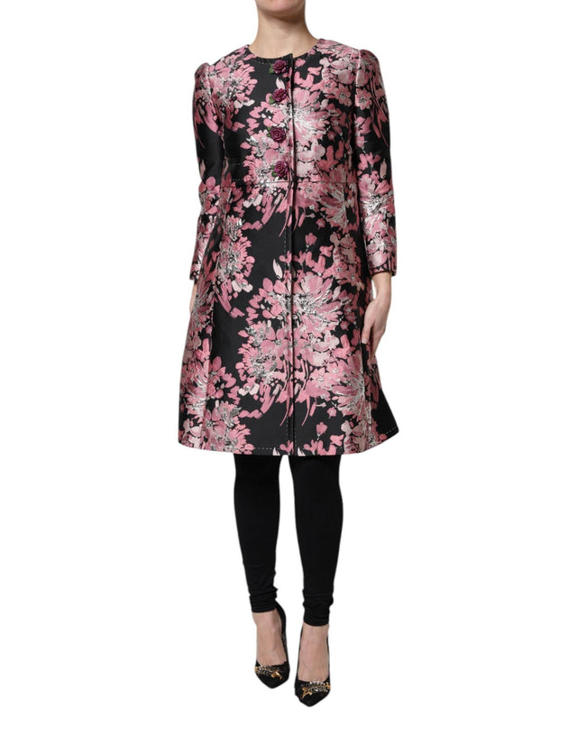 Dolce & Gabbana Pink Black Floral Brocade Trenchcoat Jacket - Hilstor
