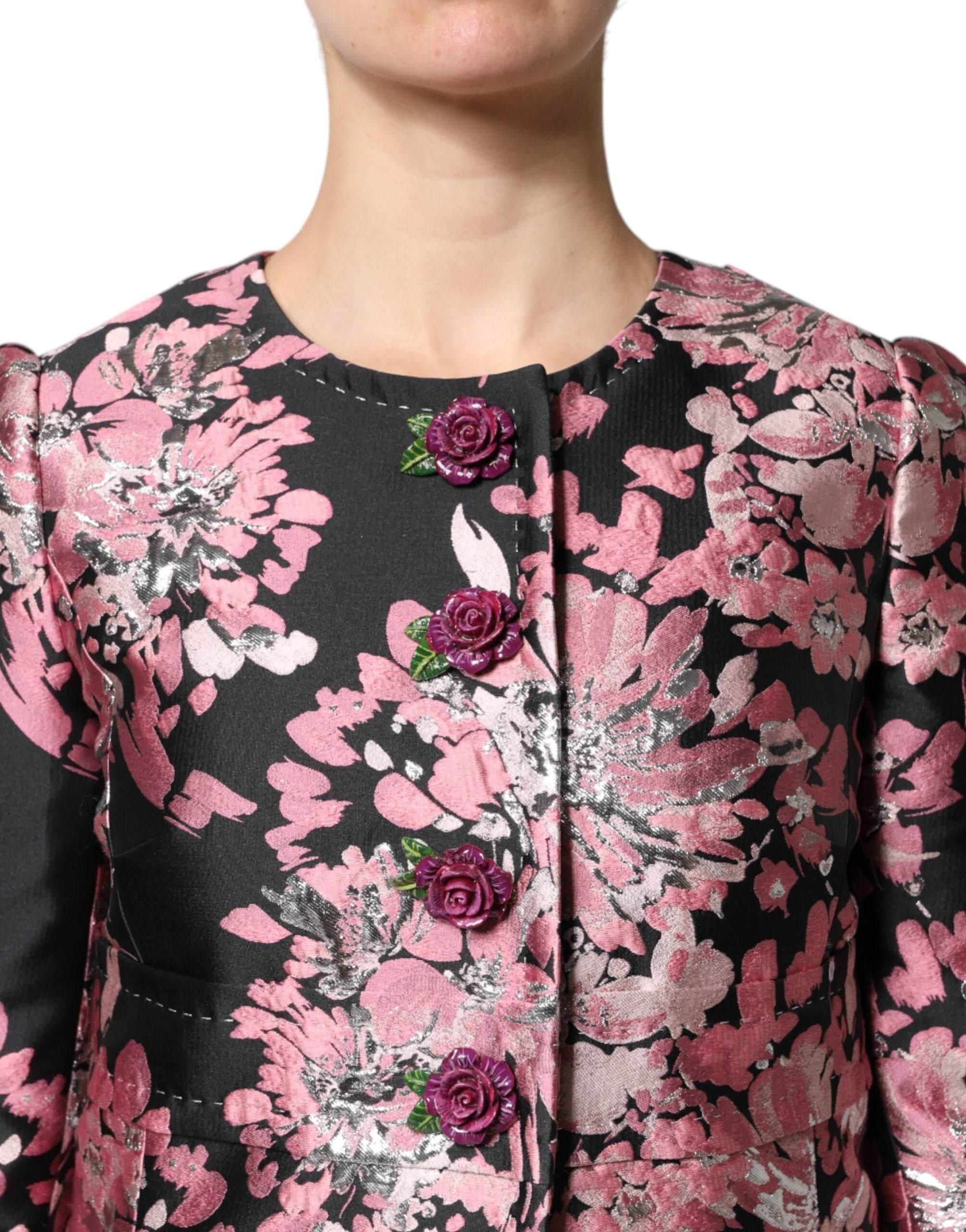 Dolce & Gabbana Pink Black Floral Brocade Trenchcoat Jacket - Hilstor