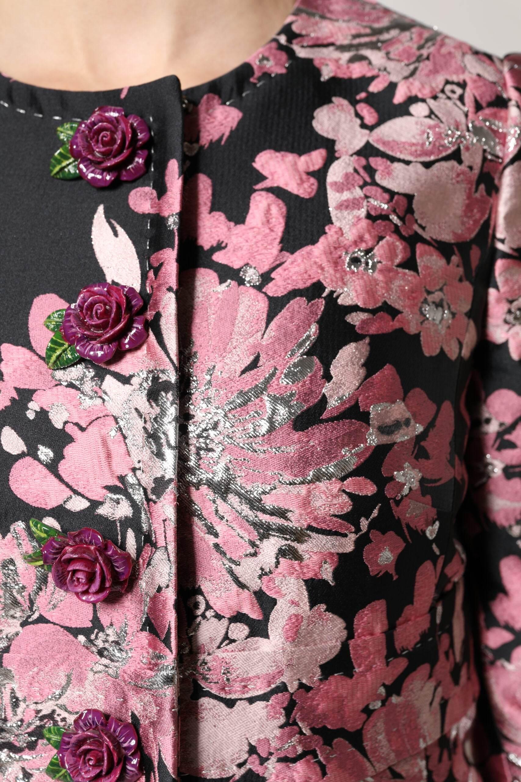 Dolce & Gabbana Pink Black Floral Brocade Trenchcoat Jacket - Hilstor