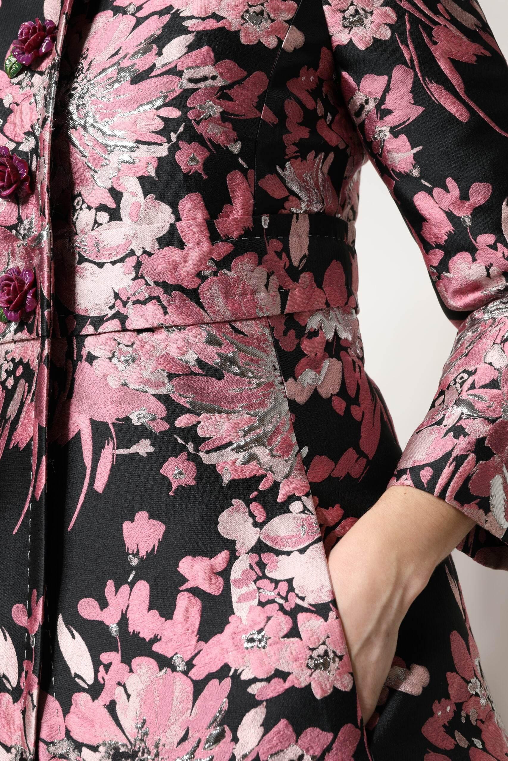 Dolce & Gabbana Pink Black Floral Brocade Trenchcoat Jacket - Hilstor