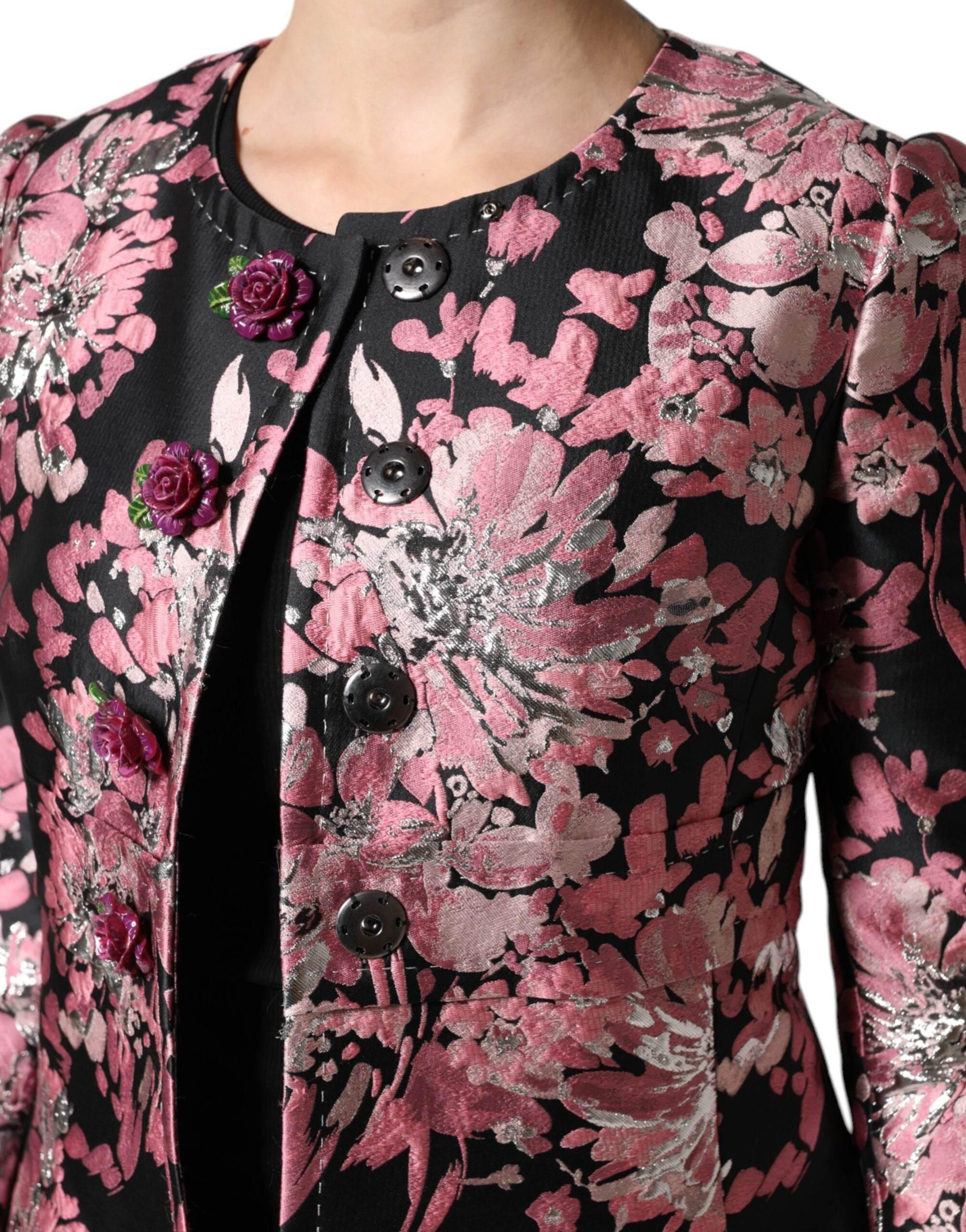 Dolce & Gabbana Pink Black Floral Brocade Trenchcoat Jacket - Hilstor