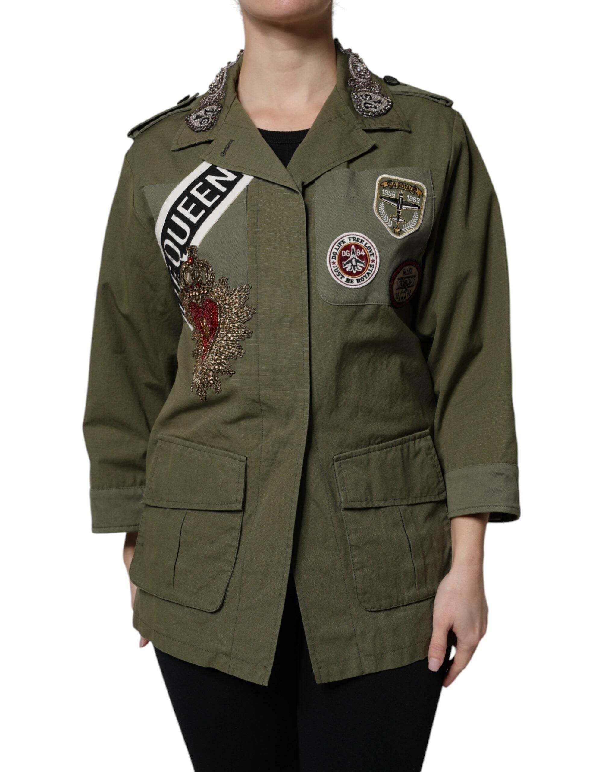 Dolce & Gabbana Military Green Queen Embellished Coat Jacket - Hilstor