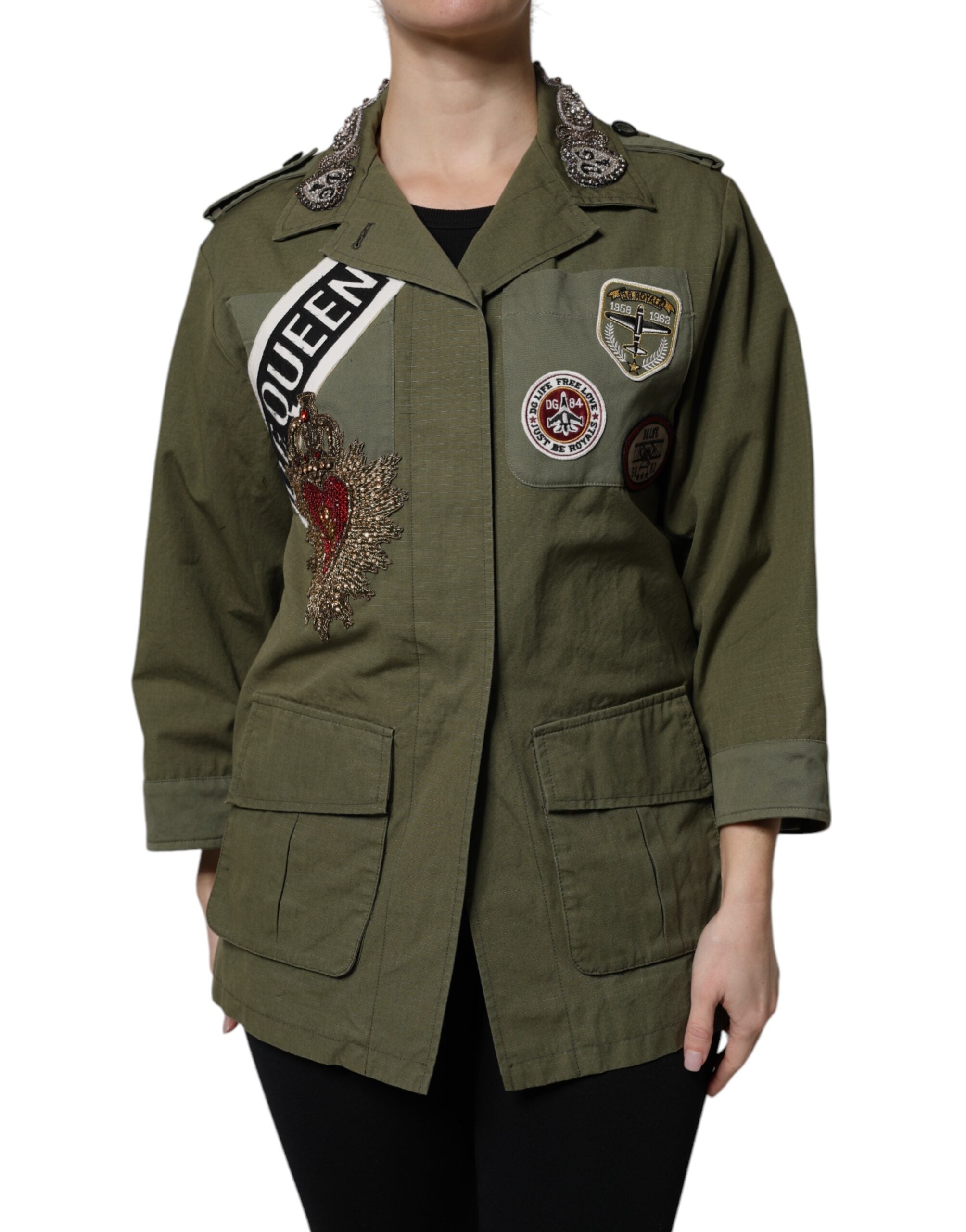 Dolce &amp; Gabbana Military Green Queen Embellished Coat Jacket