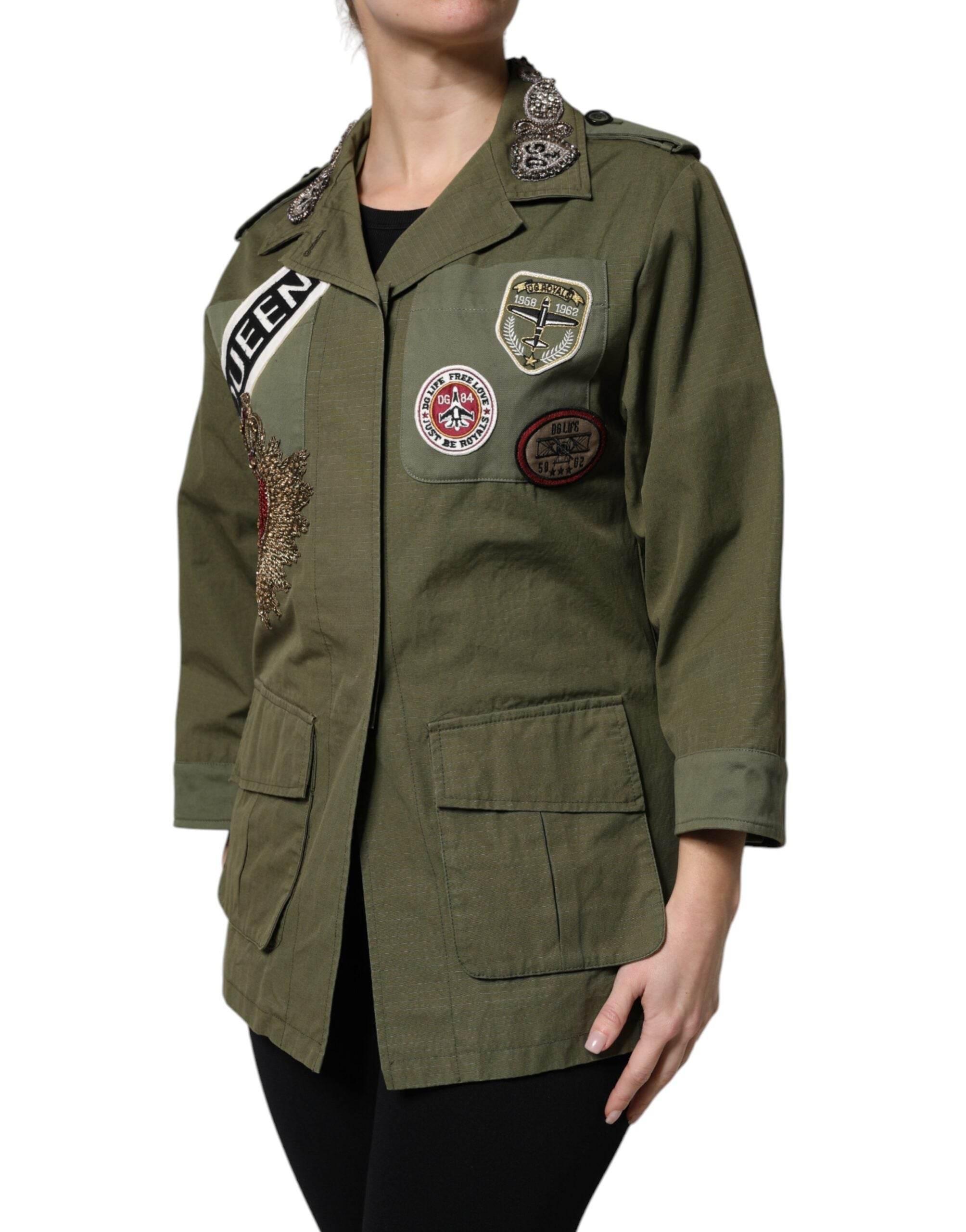 Dolce & Gabbana Military Green Queen Embellished Coat Jacket - Hilstor
