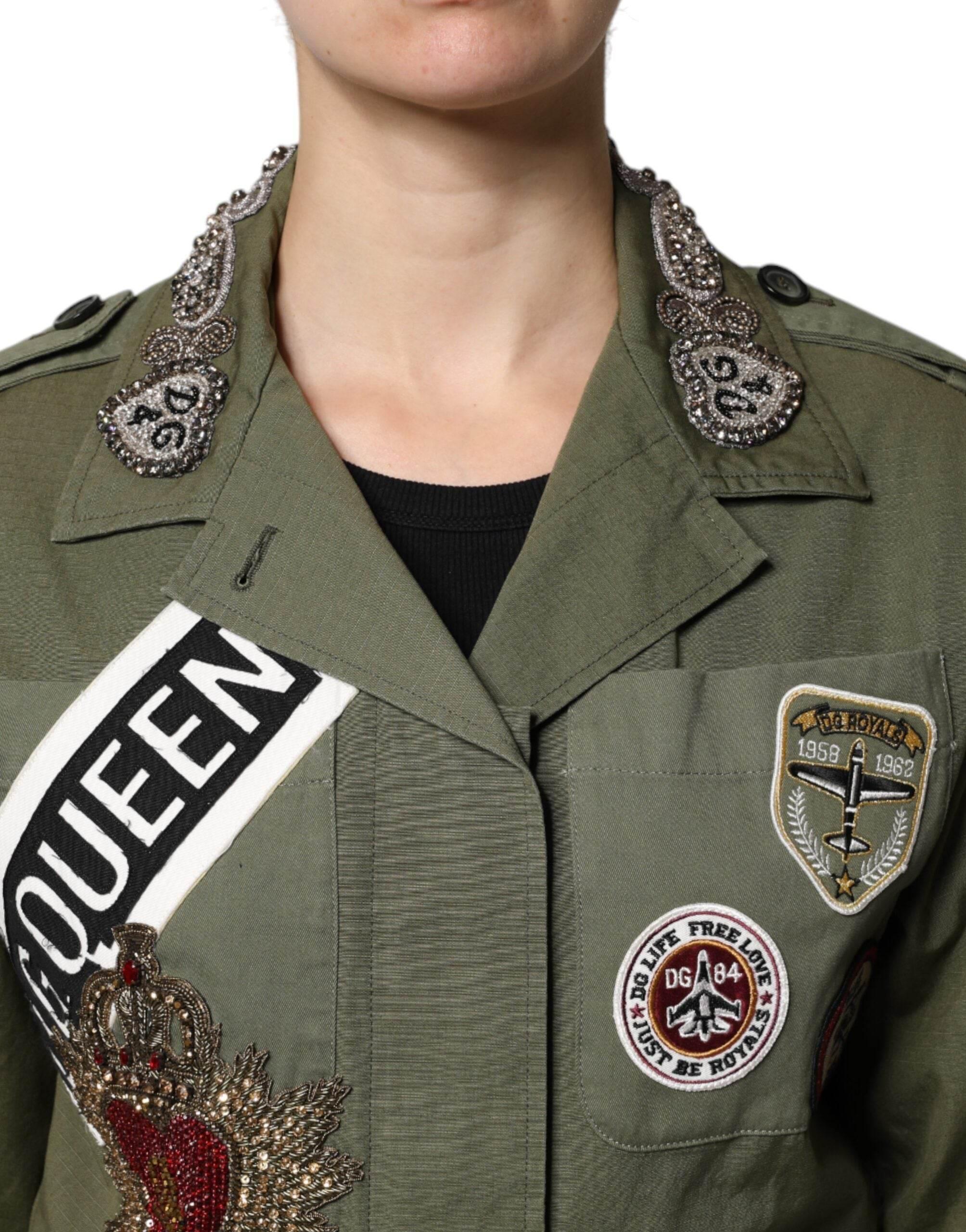 Dolce & Gabbana Military Green Queen Embellished Coat Jacket - Hilstor