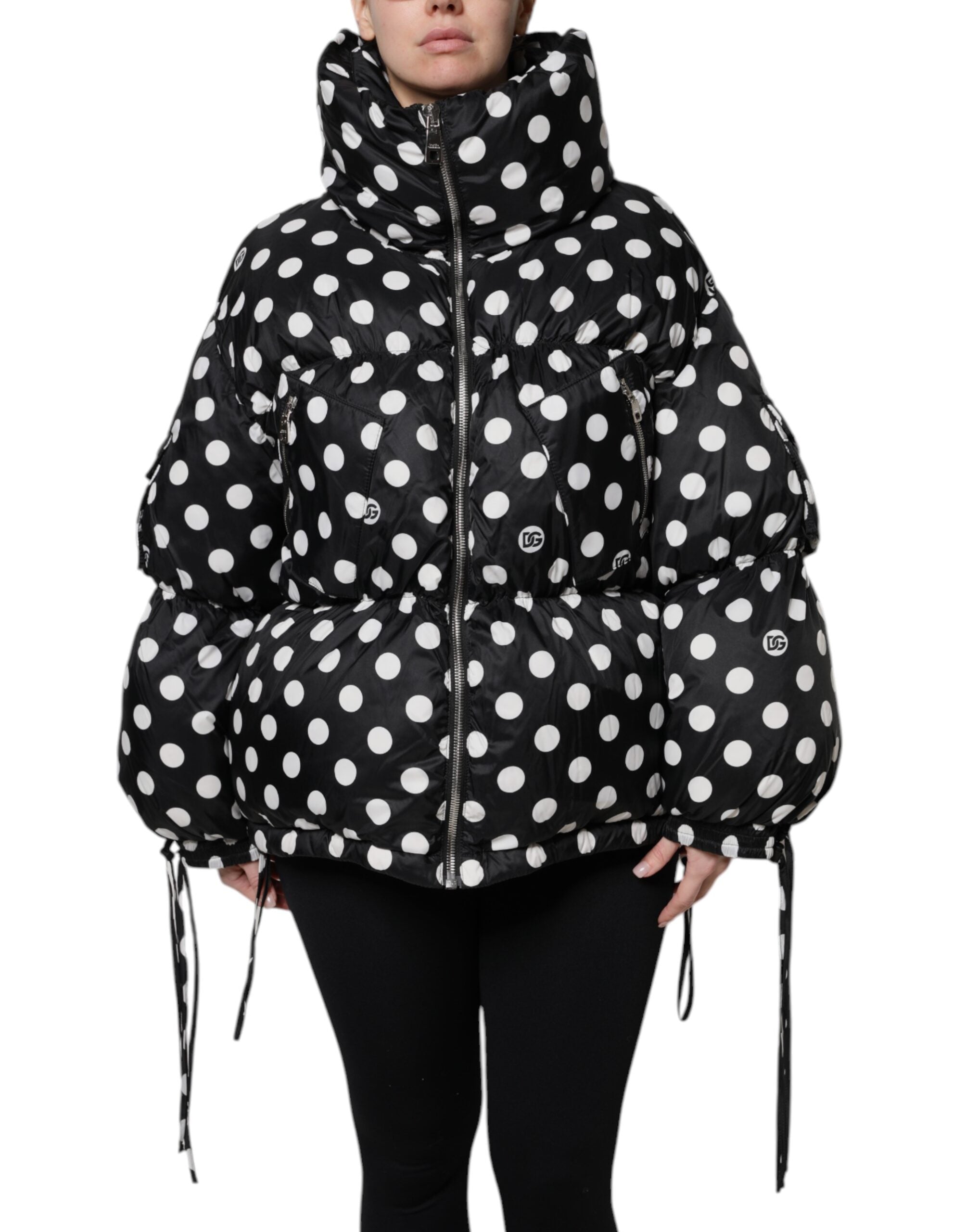 Dolce &amp; Gabbana sort hvid polka Dot pufferjakke med fuld lynlås