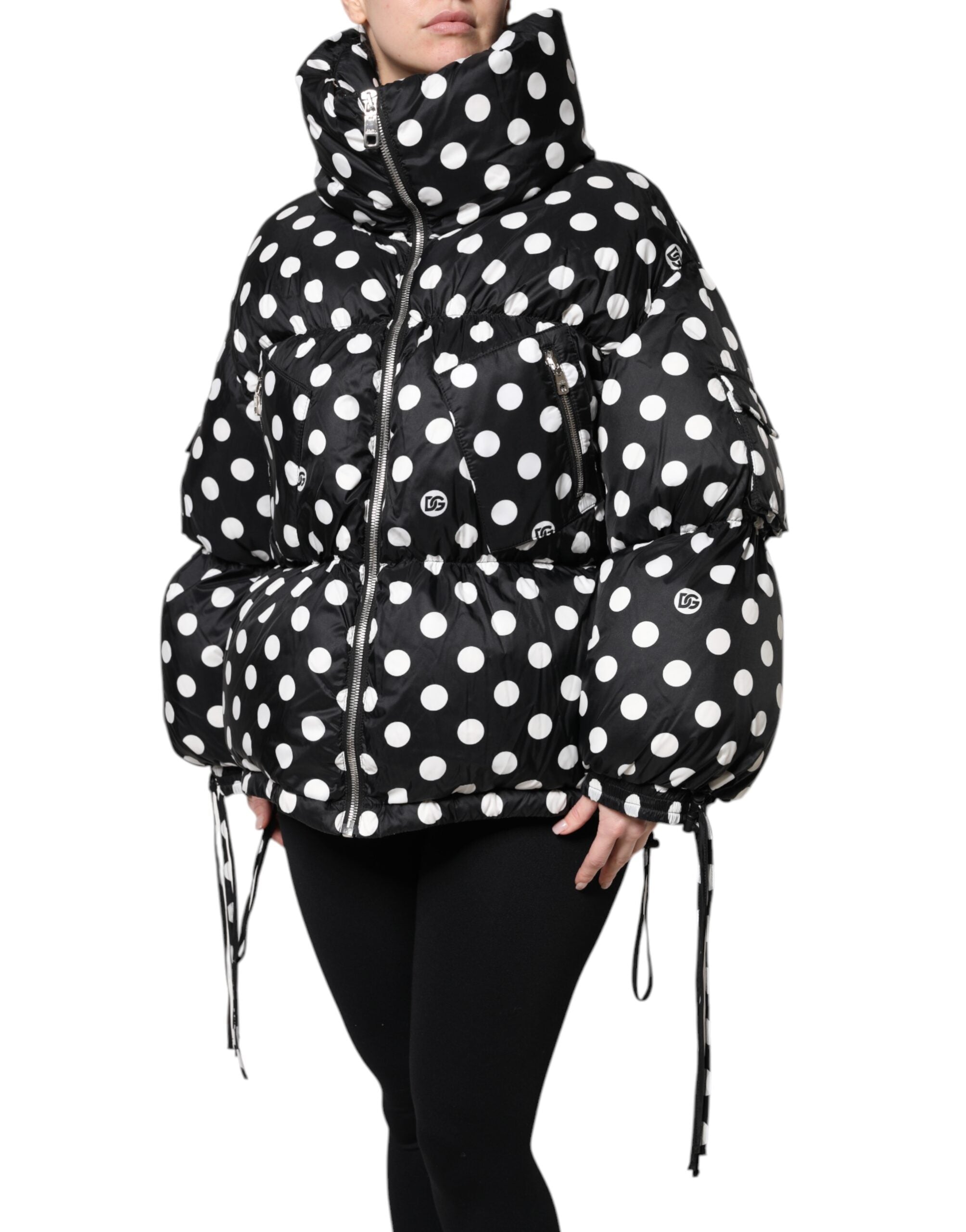 Dolce &amp; Gabbana sort hvid polka Dot pufferjakke med fuld lynlås