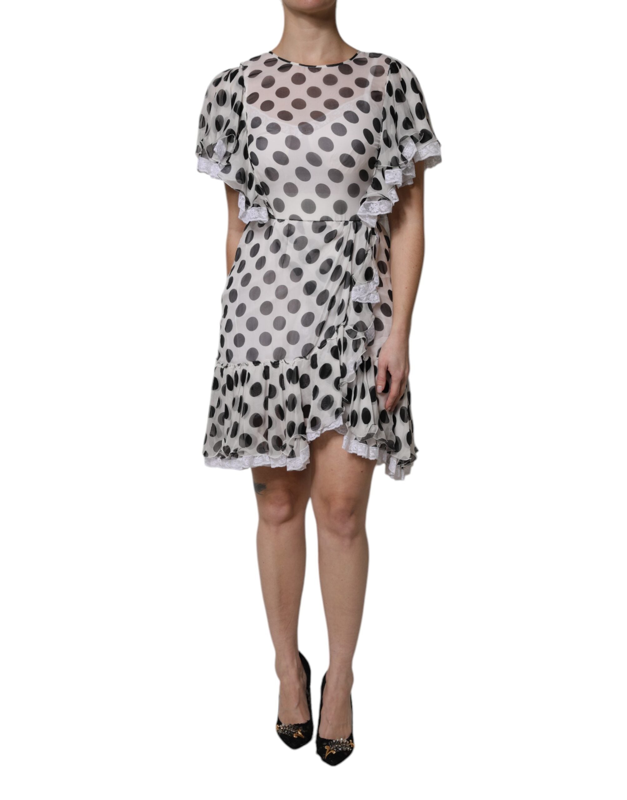 Dolce &amp; Gabbana White Polka Dotted Silk Blend A-line kjole