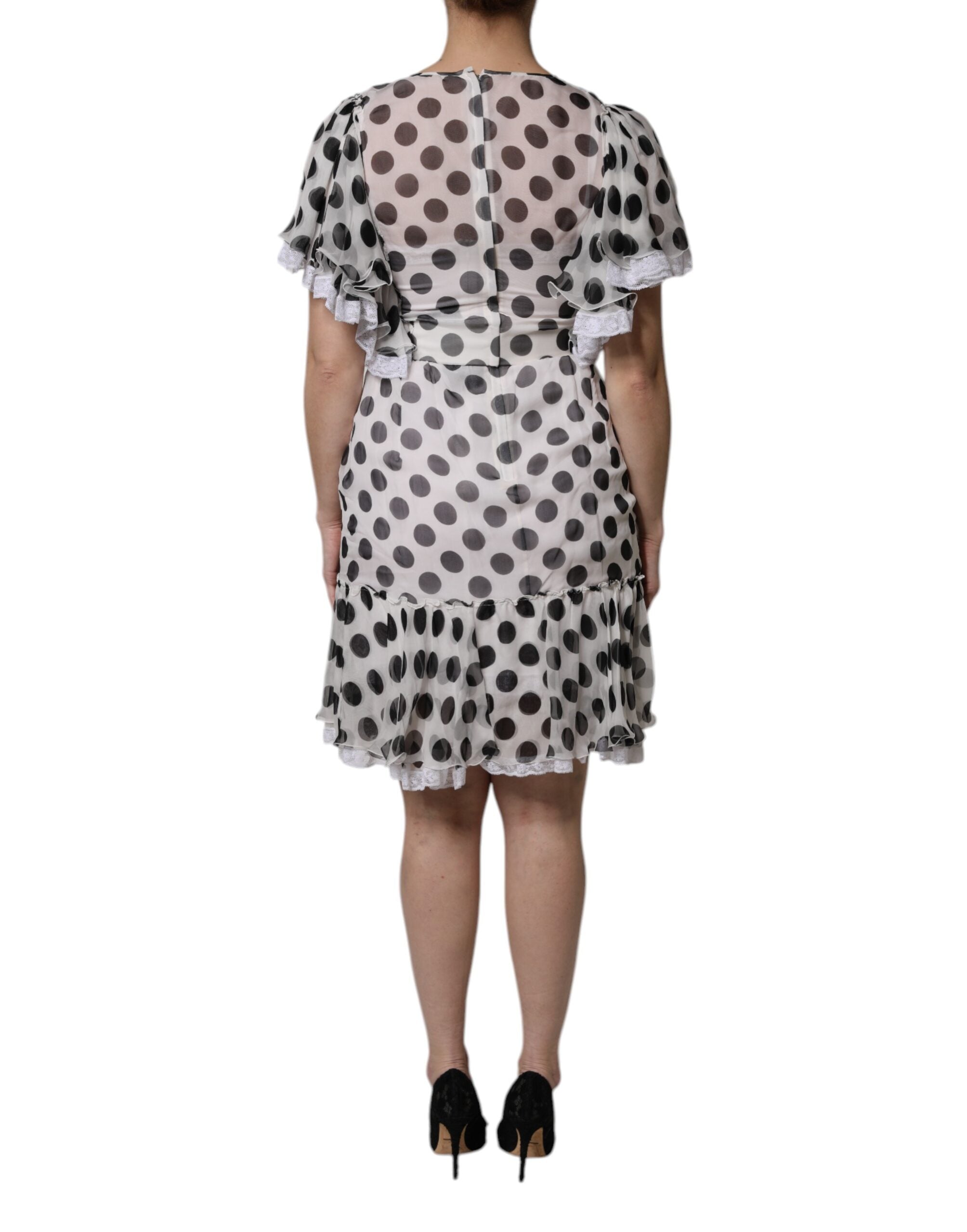 Dolce &amp; Gabbana White Polka Dotted Silk Blend A-line kjole