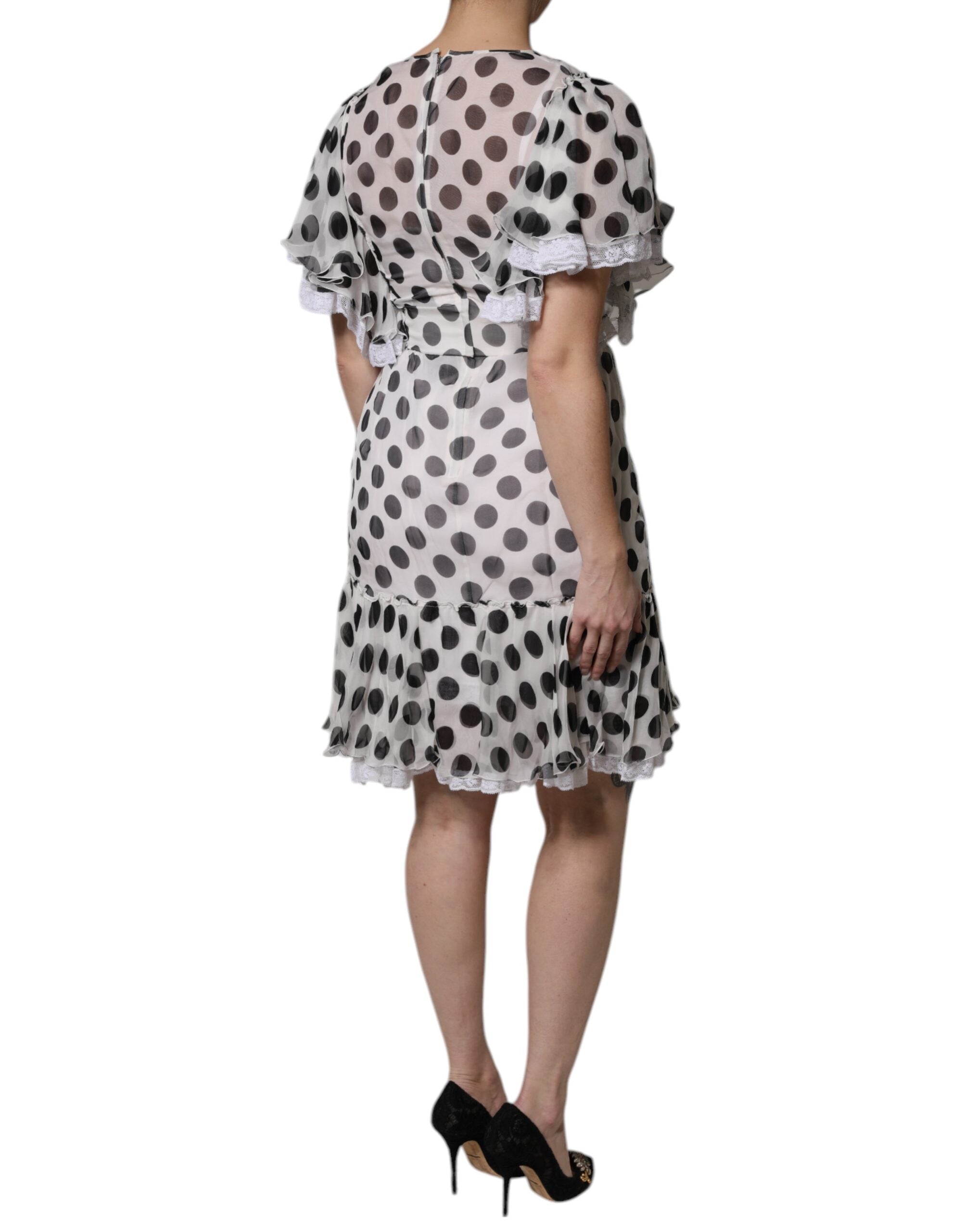 Dolce &amp; Gabbana White Polka Dotted Silk Blend A-line kjole