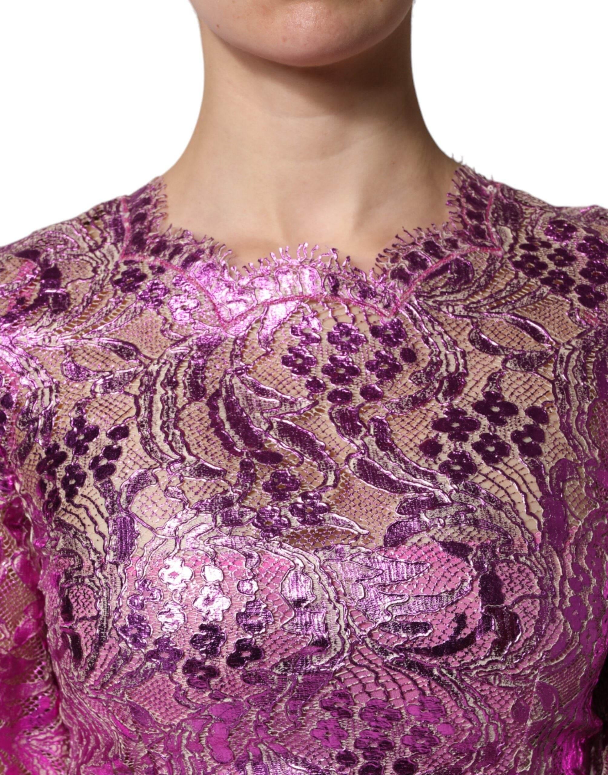 Dolce & Gabbana Metallic Fuchsia Floral Sheath Mini Dress - Hilstor