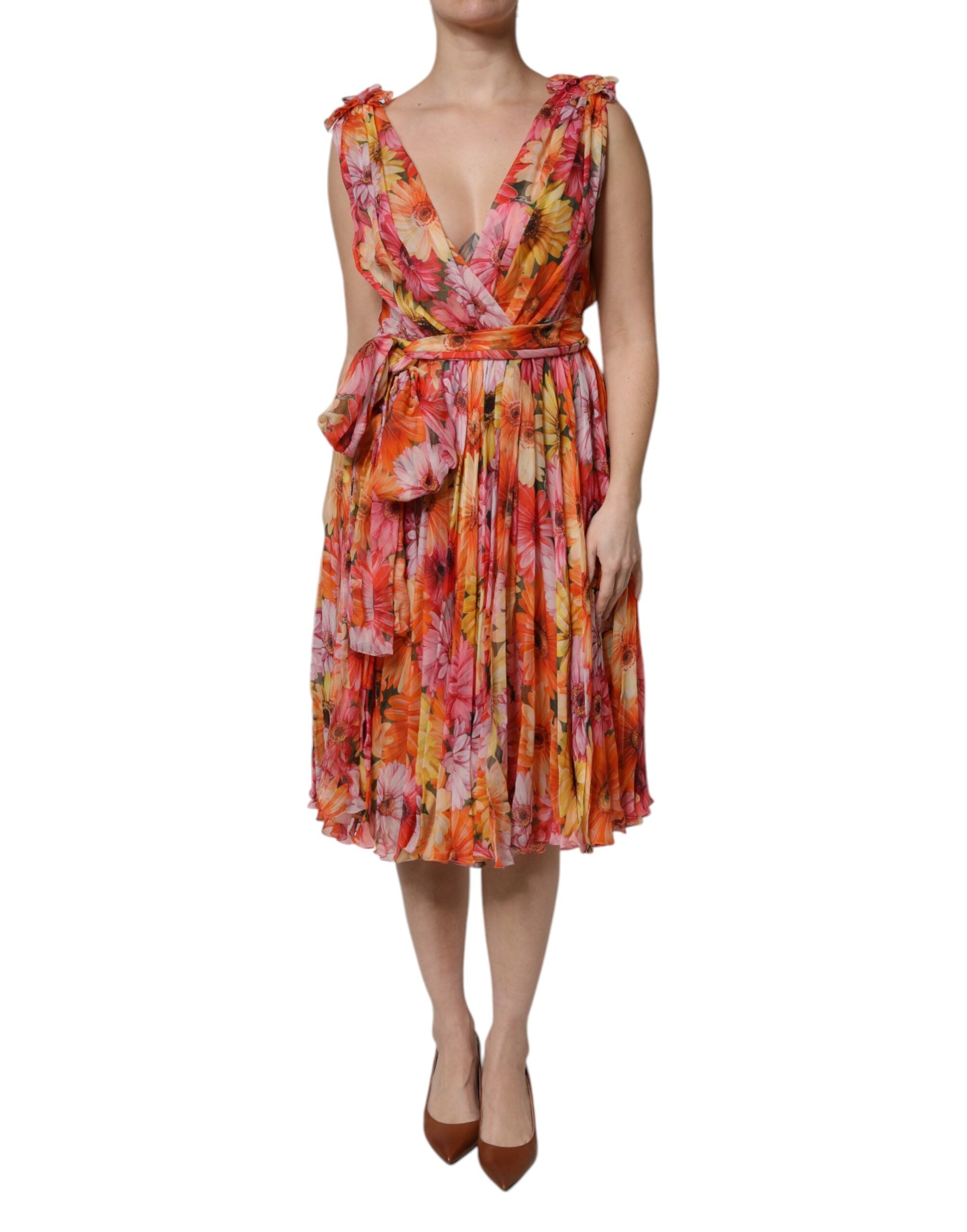 Dolce &amp; Gabbana Multicolor Floral Silke V-hals Chiffon Kjole