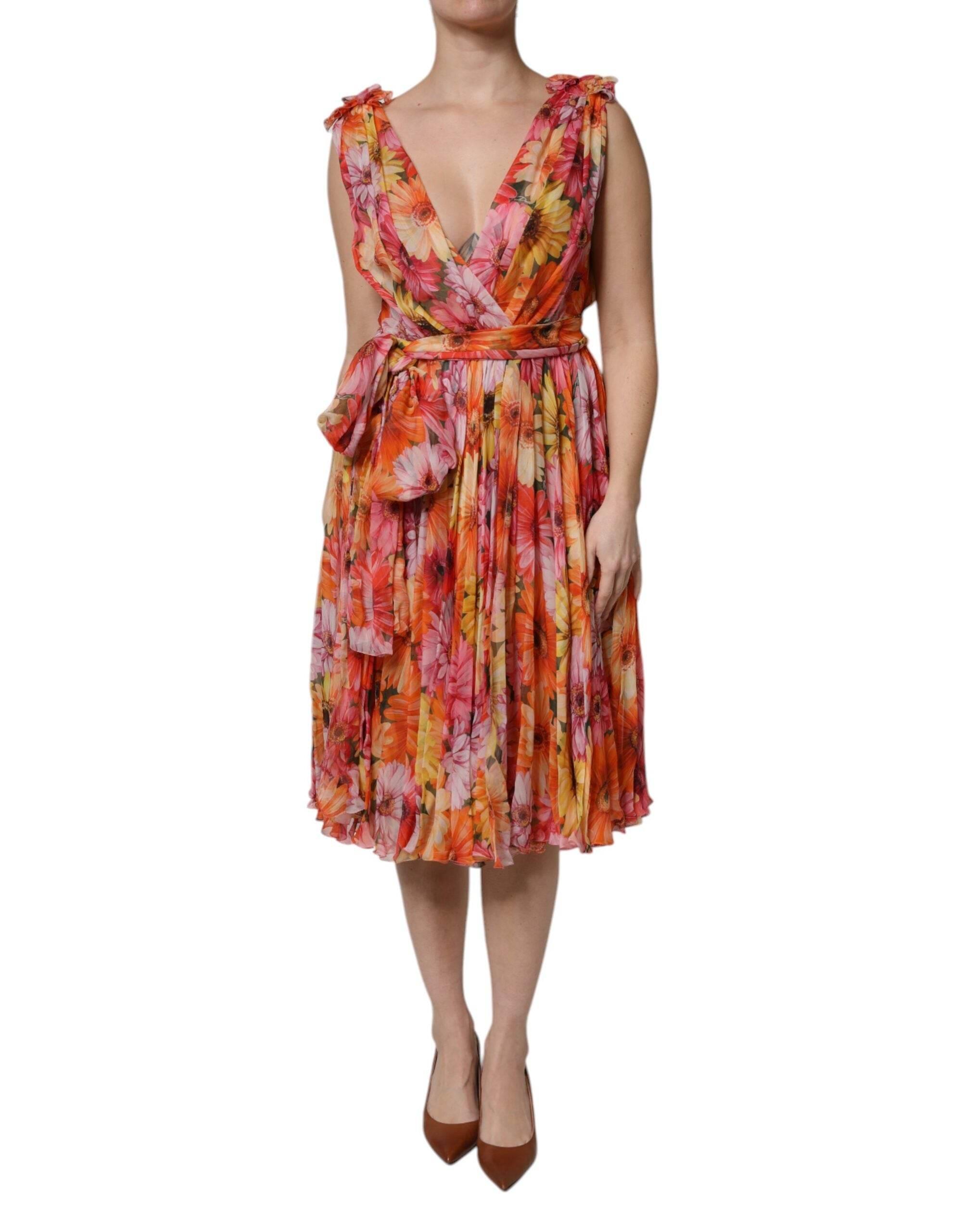Dolce & Gabbana Multicolor Floral Silk V-neck Chiffon Dress - Hilstor