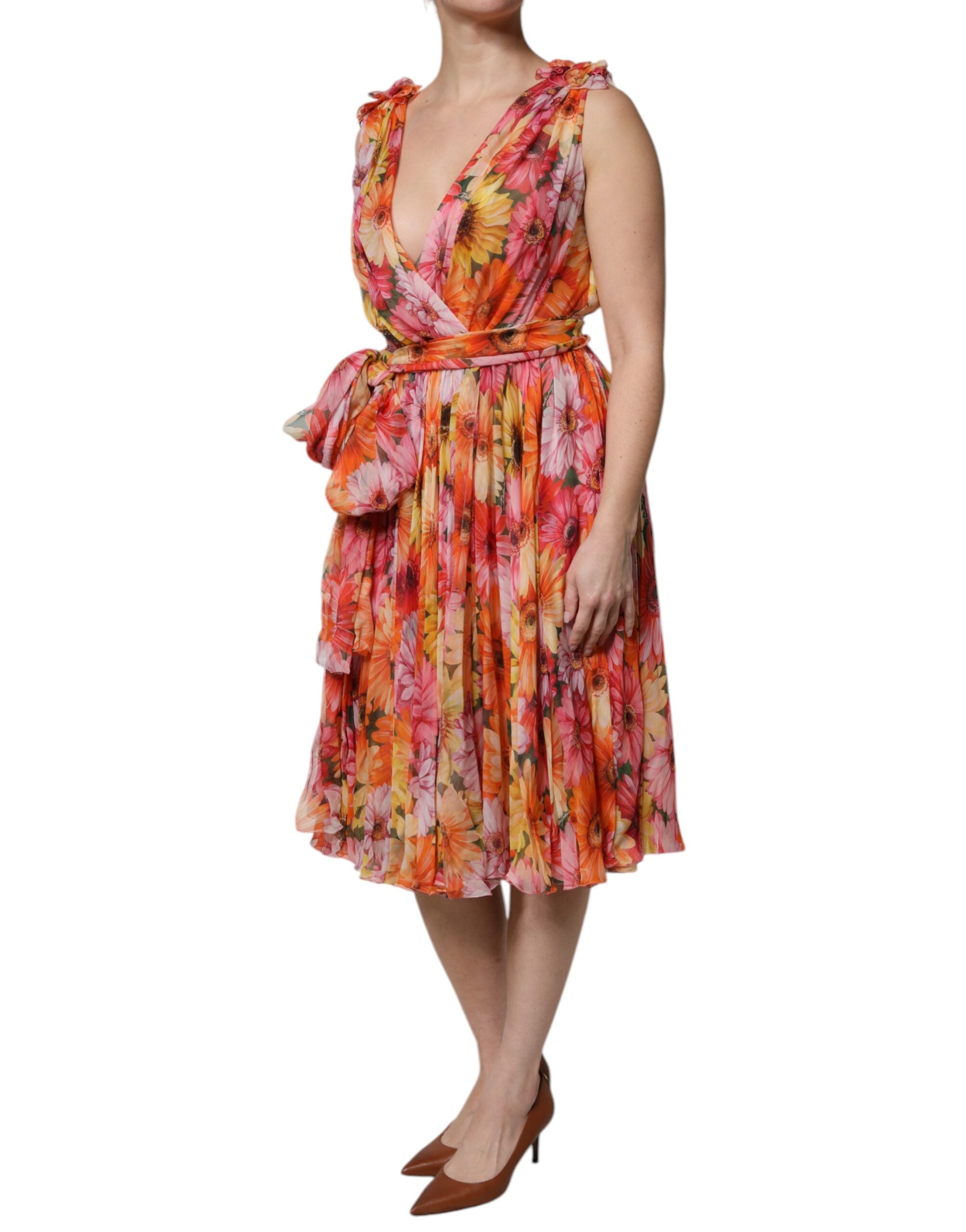 Dolce &amp; Gabbana Multicolor Floral Silke V-hals Chiffon Kjole