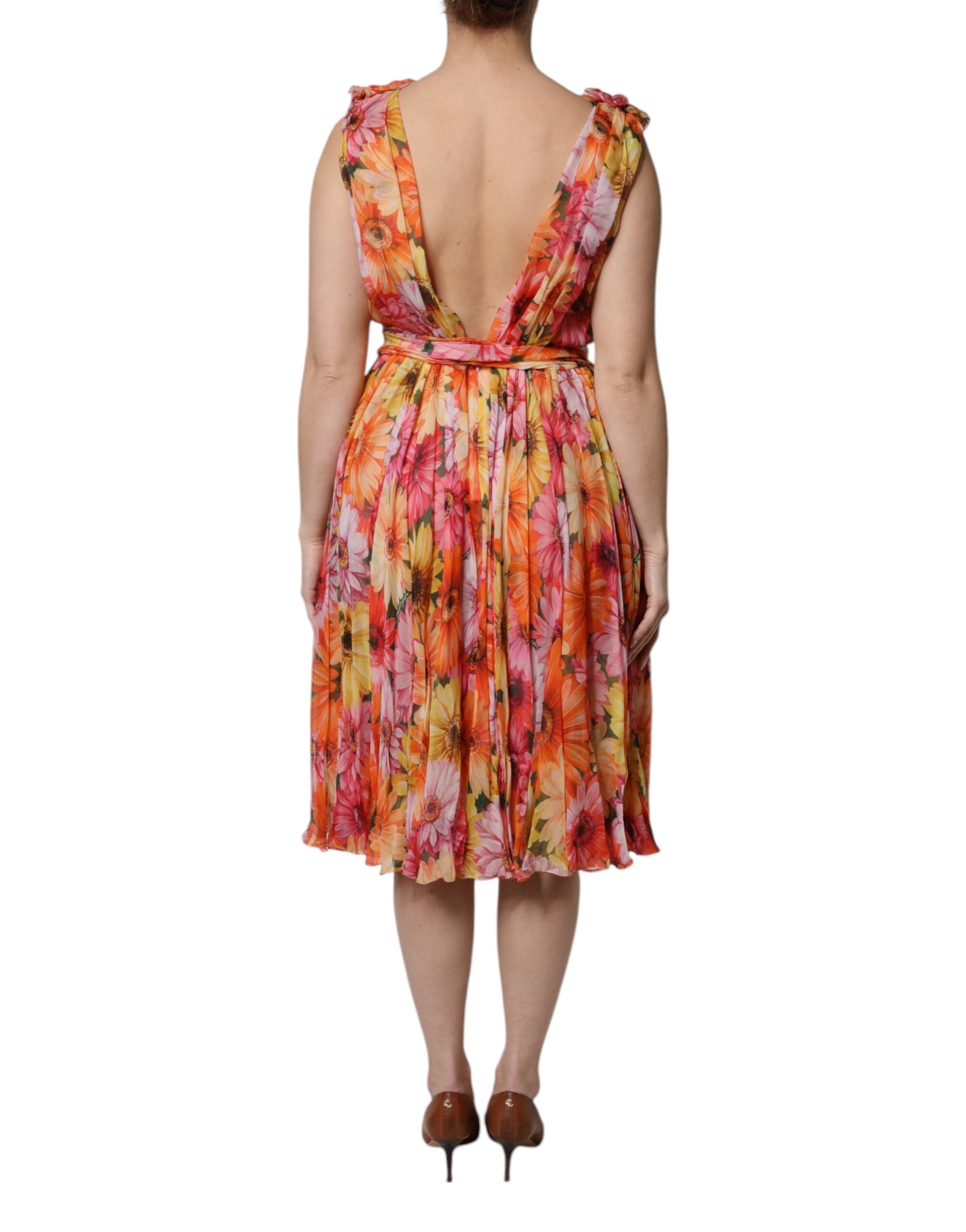 Dolce &amp; Gabbana Multicolor Floral Silke V-hals Chiffon Kjole