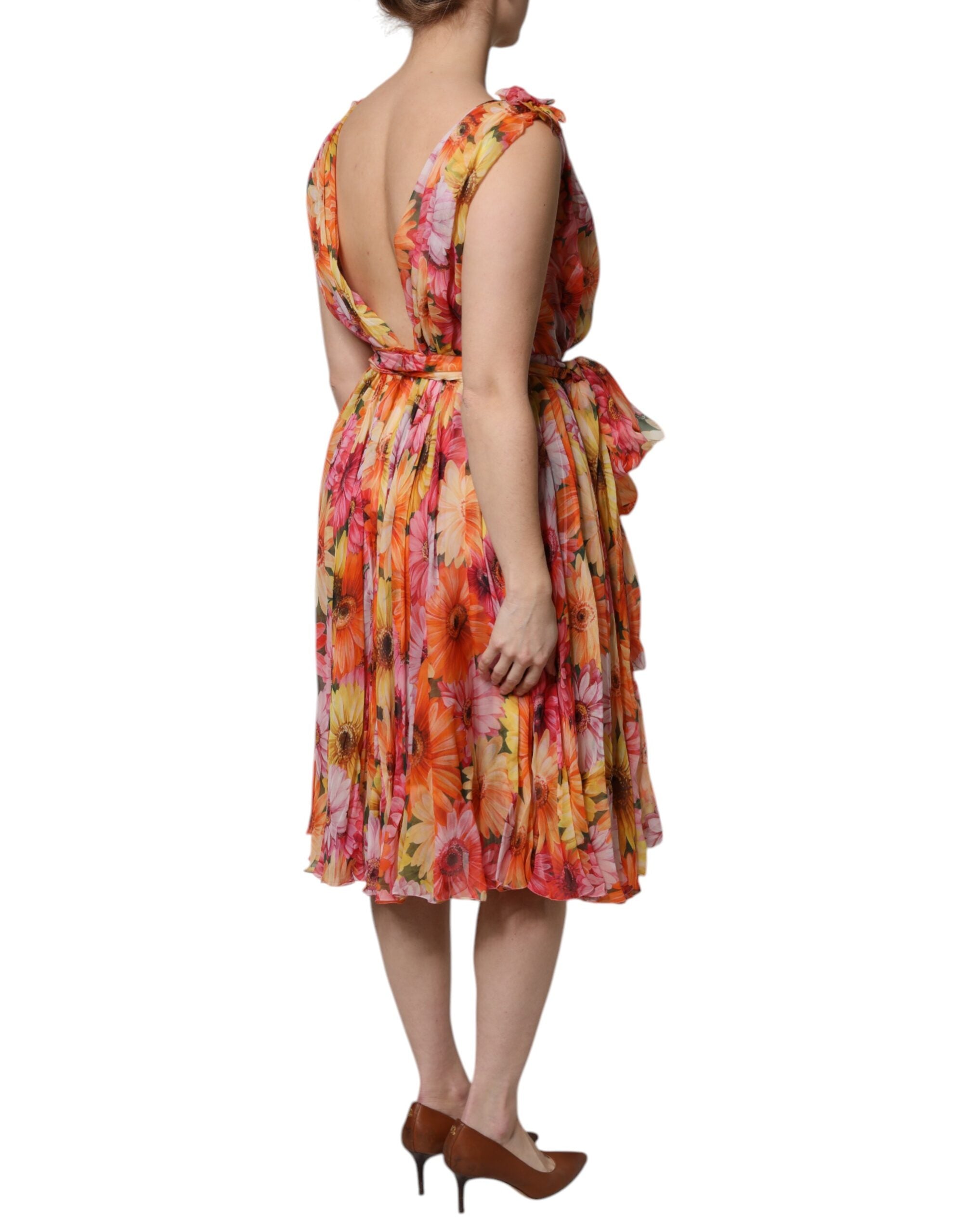 Dolce &amp; Gabbana Multicolor Floral Silke V-hals Chiffon Kjole
