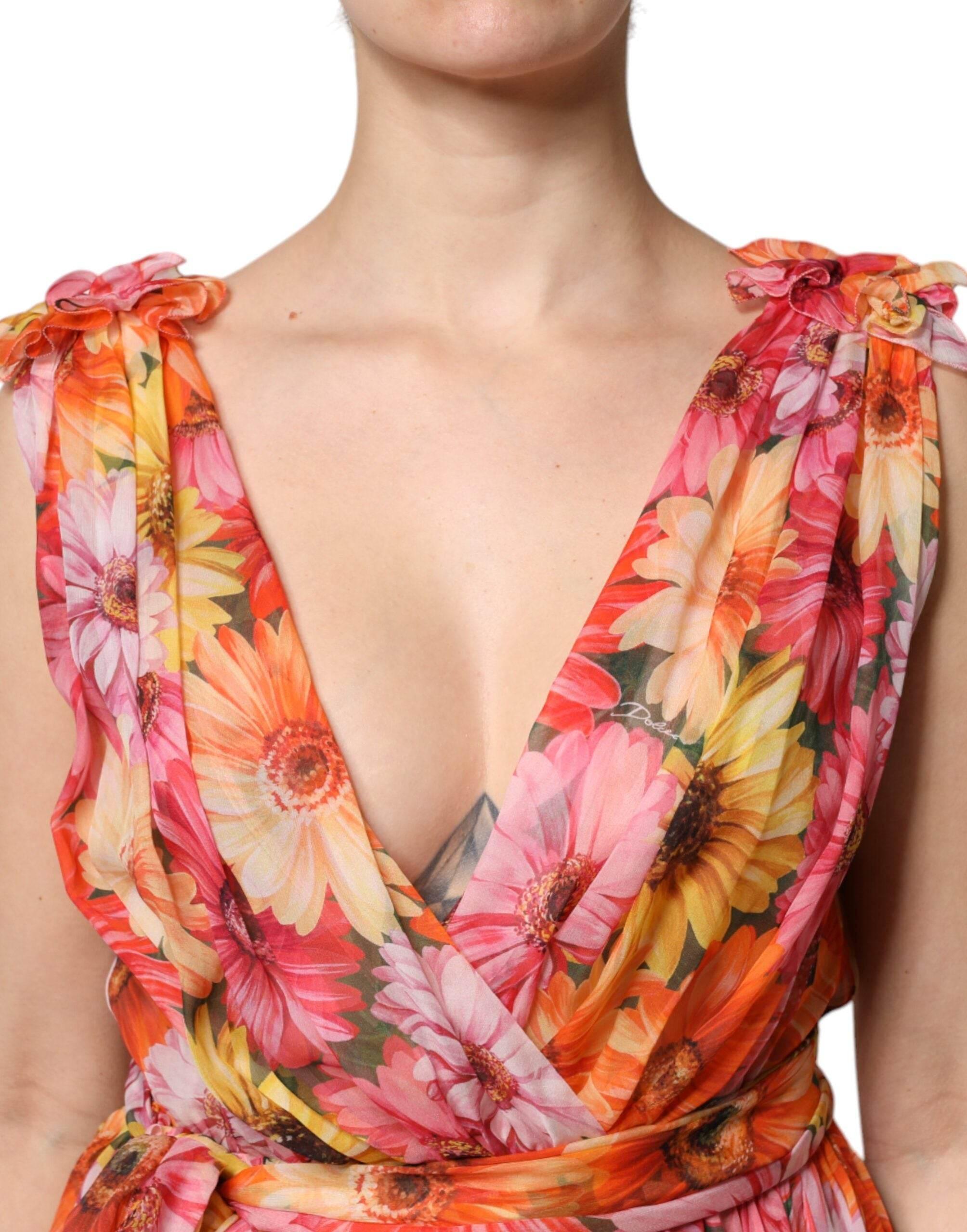 Dolce & Gabbana Multicolor Floral Silk V-neck Chiffon Dress - Hilstor