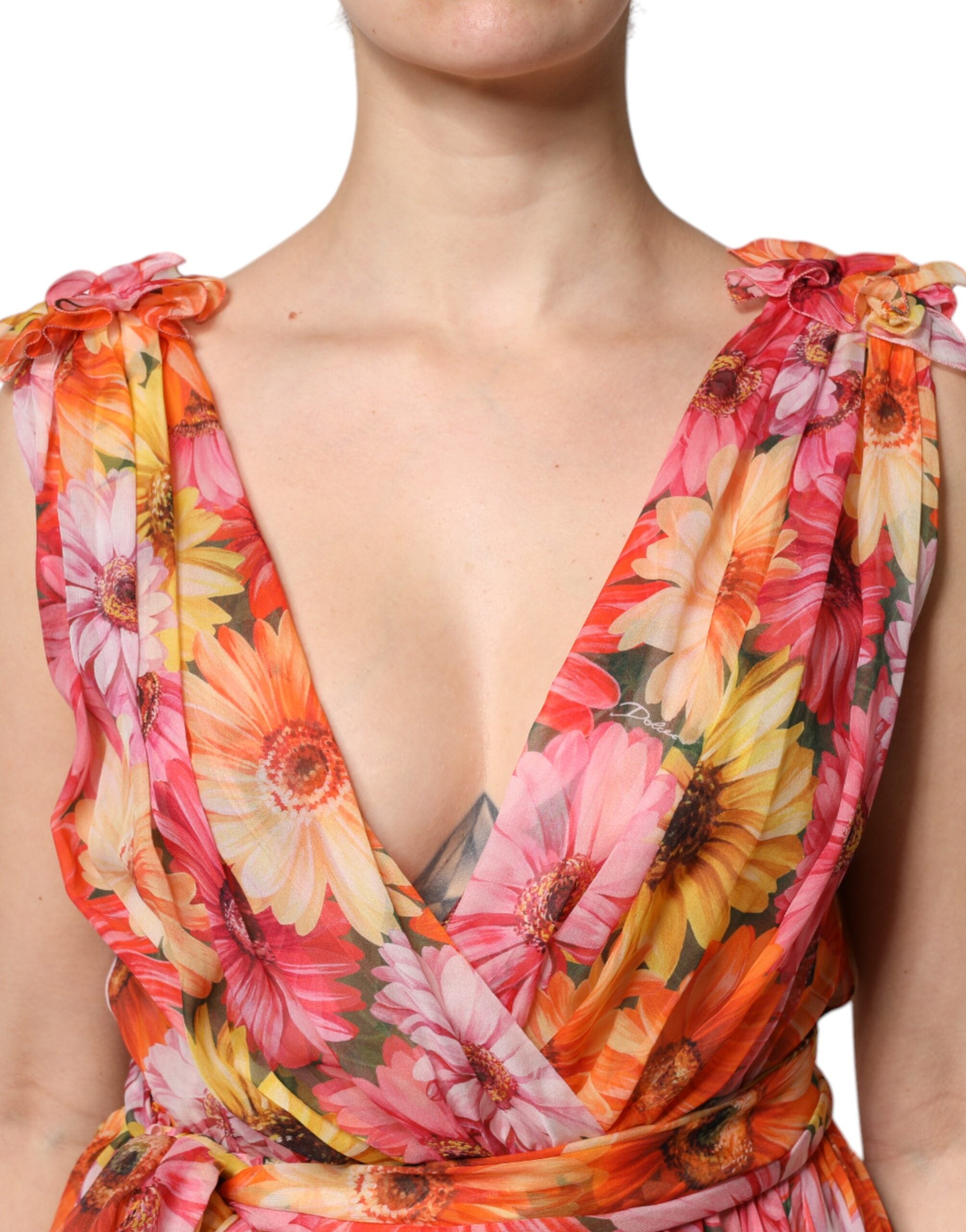 Dolce &amp; Gabbana Multicolor Floral Silke V-hals Chiffon Kjole