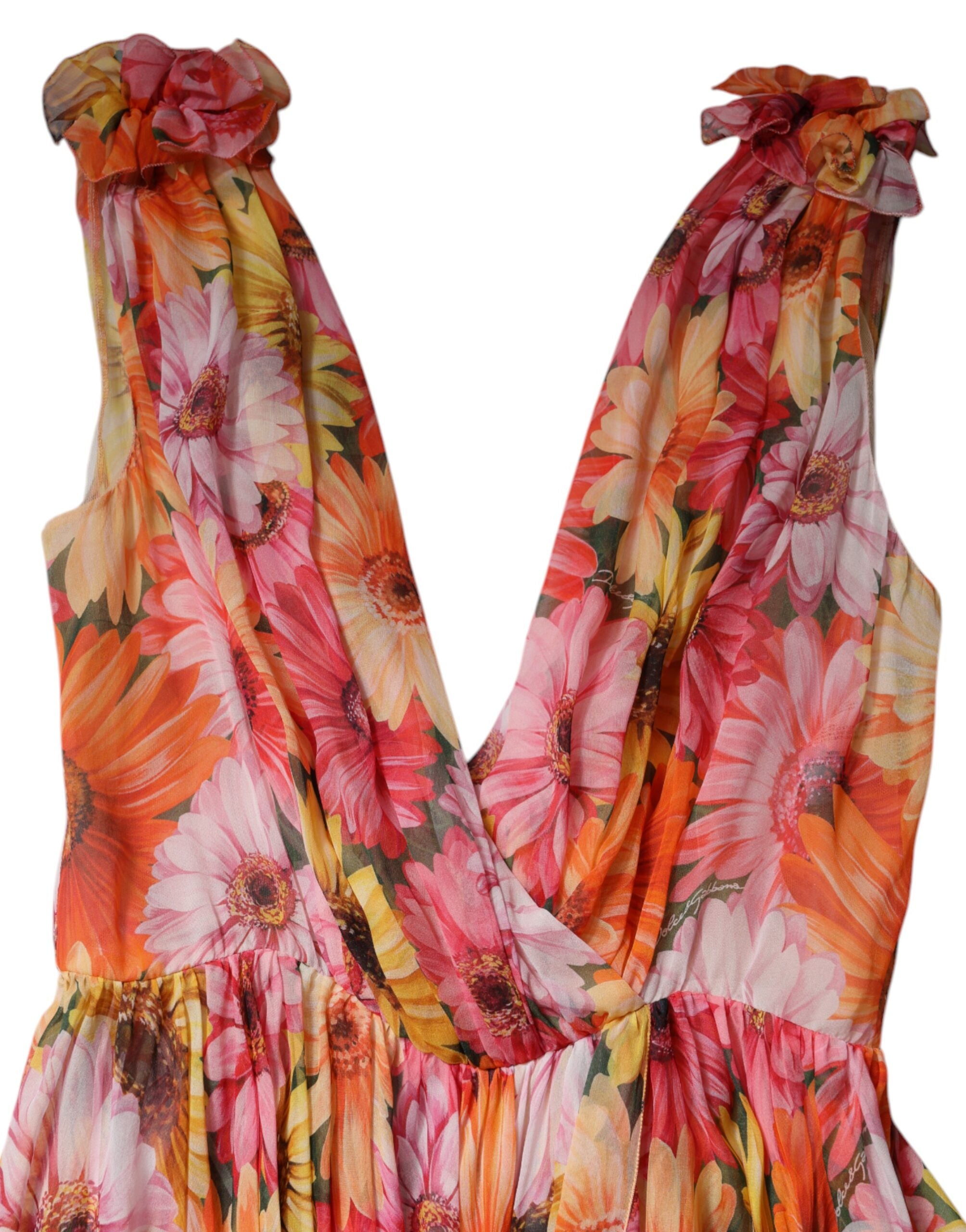 Dolce &amp; Gabbana Multicolor Floral Silke V-hals Chiffon Kjole