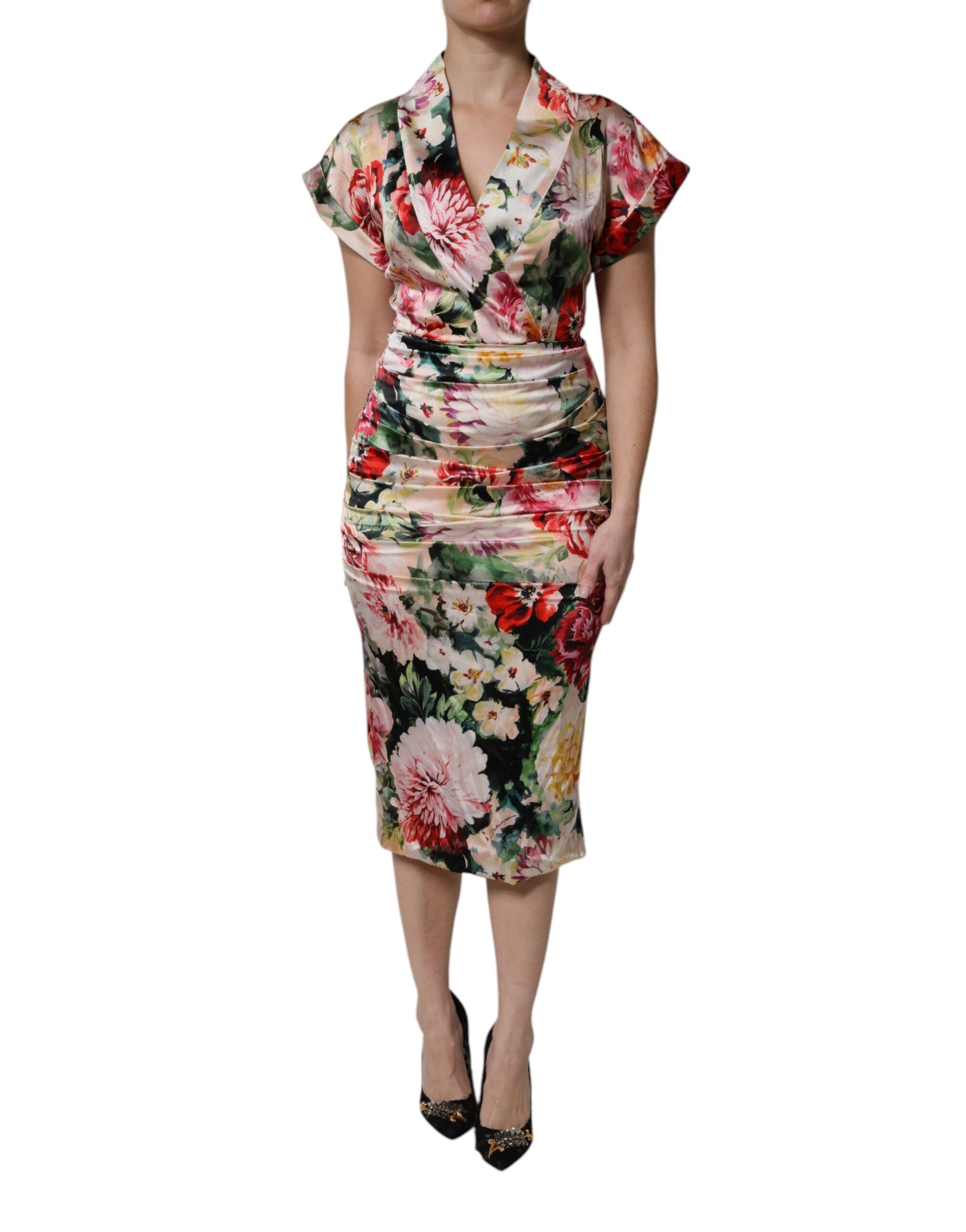Dolce &amp; Gabbana Multifärgad Blommig Kortärmad Midiklänning