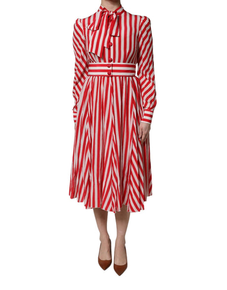 Dolce & Gabbana White Red Stripes Long Sleeves Midi Dress - Hilstor