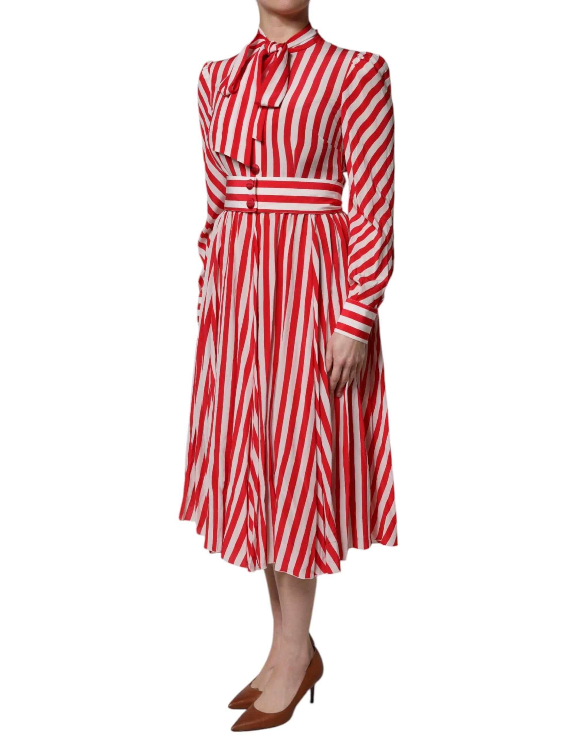 Dolce & Gabbana White Red Stripes Long Sleeves Midi Dress - Hilstor